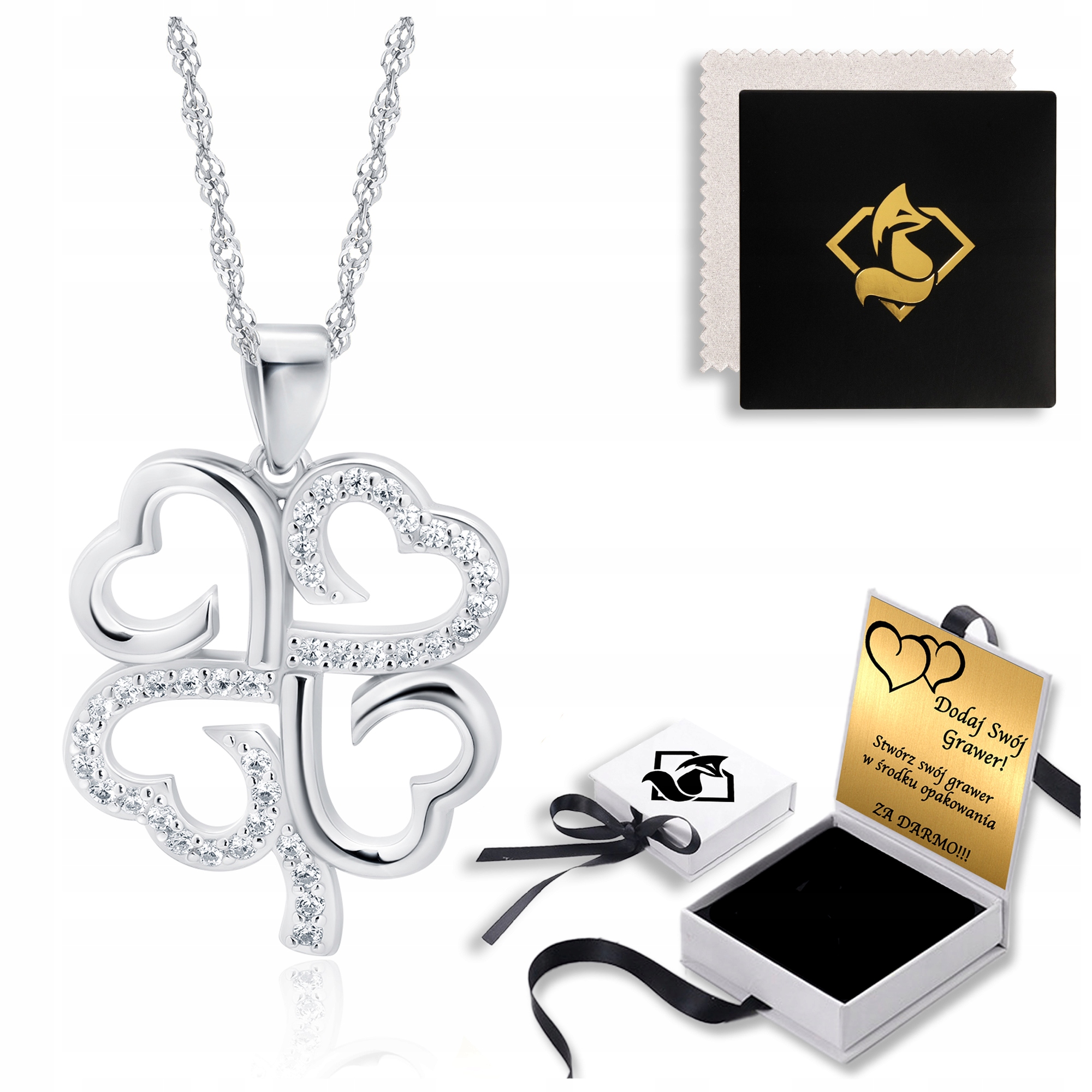 Stříbrný dámský náhrdelník Jetel Stříbro 925 s zirkony Gravírování Bonus