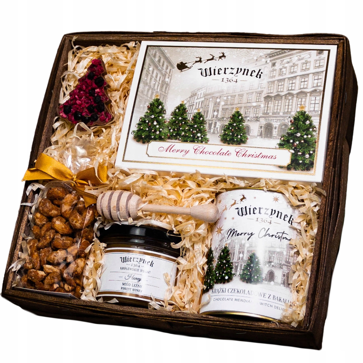 Levně Elegantní Vánoční Dárkový Koš – Pralinky, lesní med, ořechy, kroužky