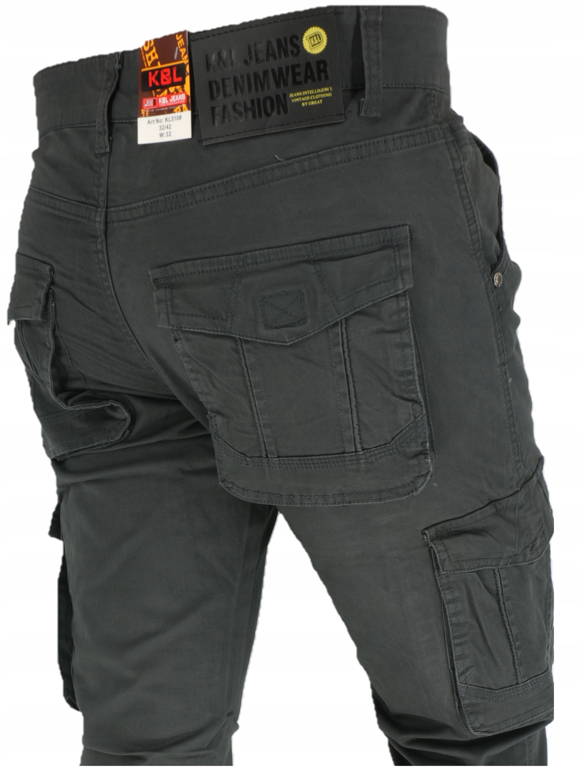 Bojówka Szara Męska Spodnie z kieszeniami Prosta długa szeroka nogawka W39