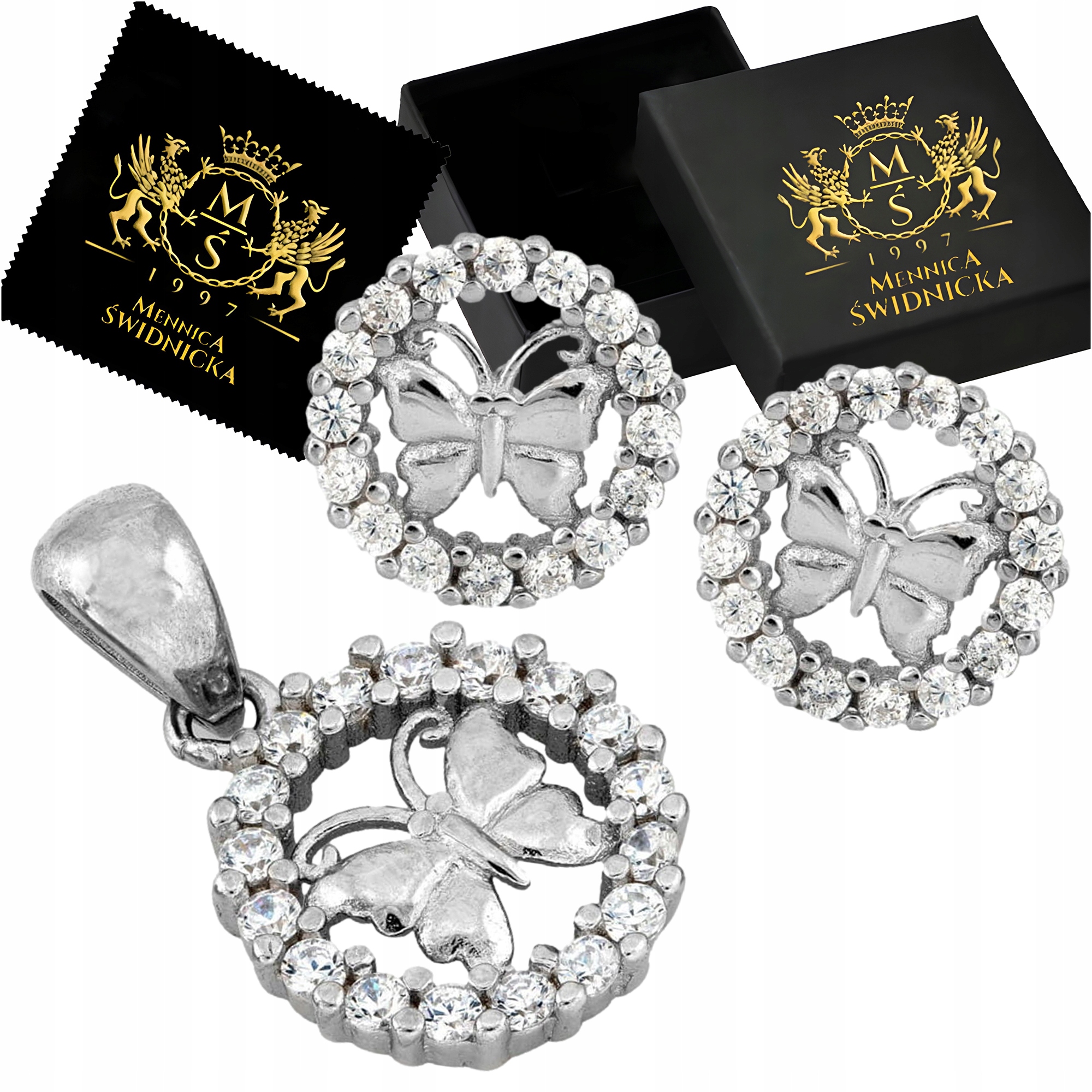 Stříbrná sada s kubickými zirkony a přívěskem Náušnice , Stříbro 925, Gravírování