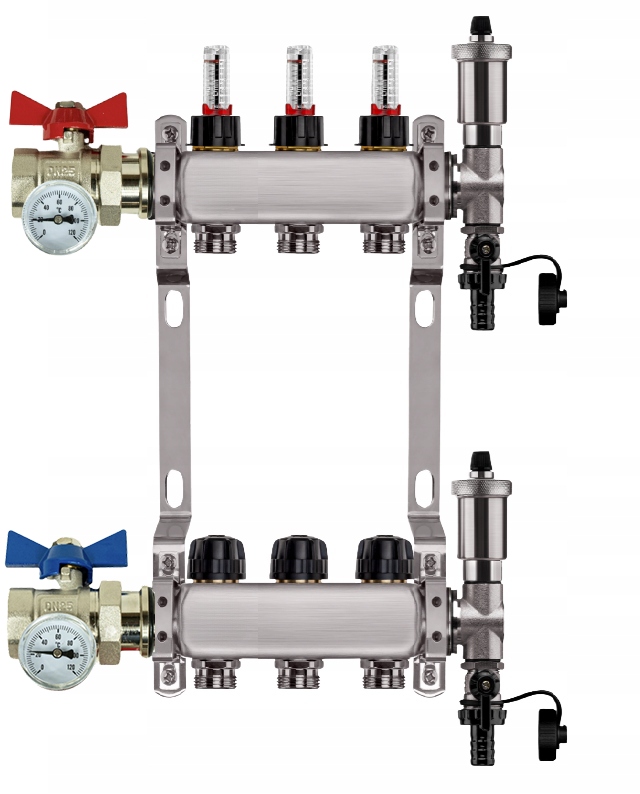 Rozdělovač Pro Podlahu, 3 Nerezové Okruhy Jednoduchý Ventil Teploměr