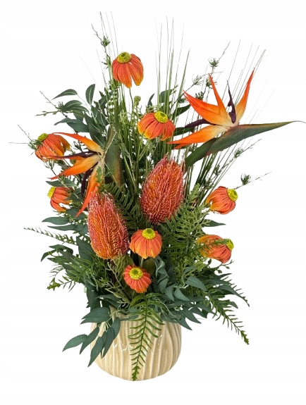 Umelé kvety strelicia echinacea keramický obal 63 cm