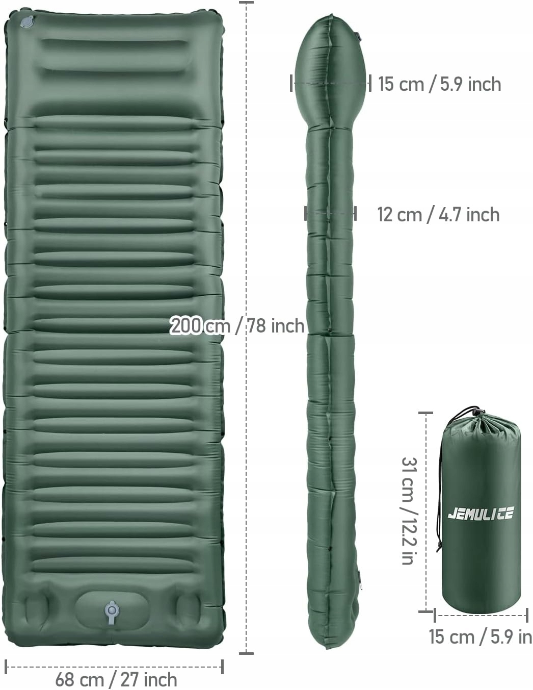 MATERAC SAMOPOMUJĄCY ZIELONY 200X68X12 WODOODPORNA ZAGĘSZCZONA KAMPING Model GREE-1