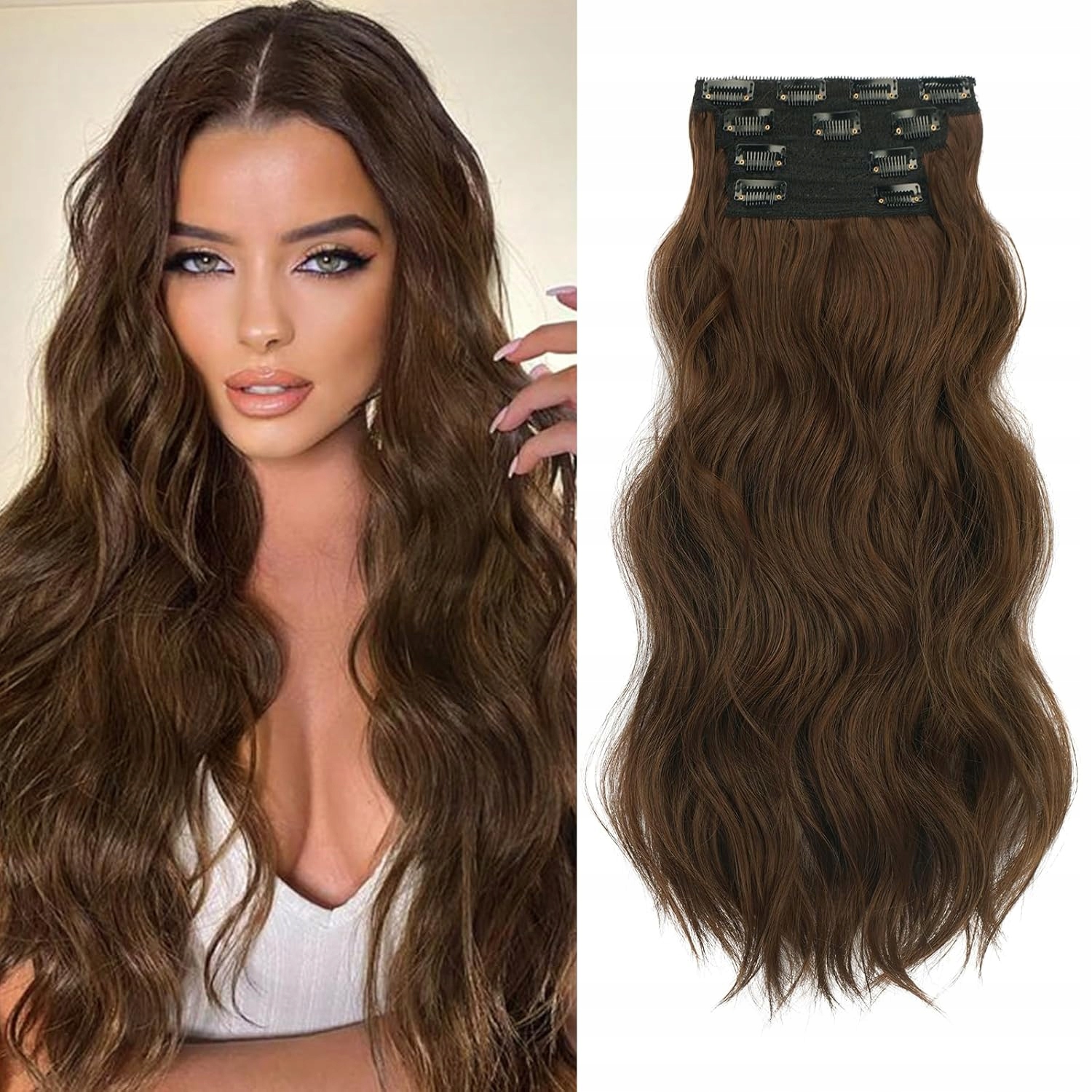 Doczepy Przedłużanie Włosów Clip-in Peruka Ciemny Brąz Syntetyczne 50CM