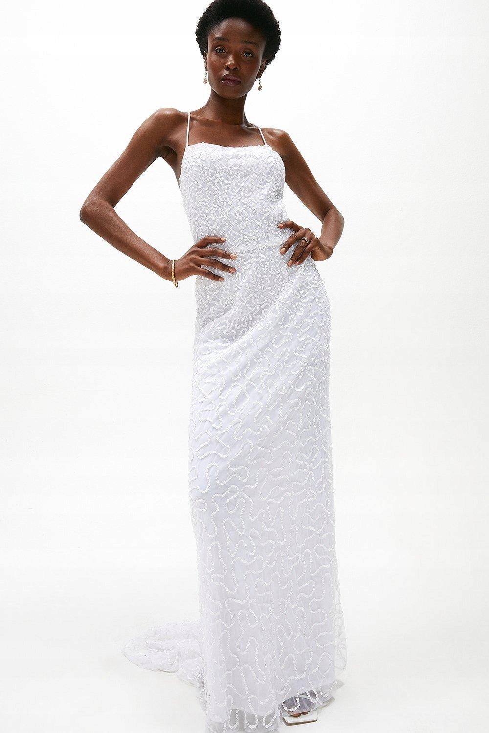 KC67313 Coast Maxi Svatební Šaty Na Ramínka Zdobené Cekinami S