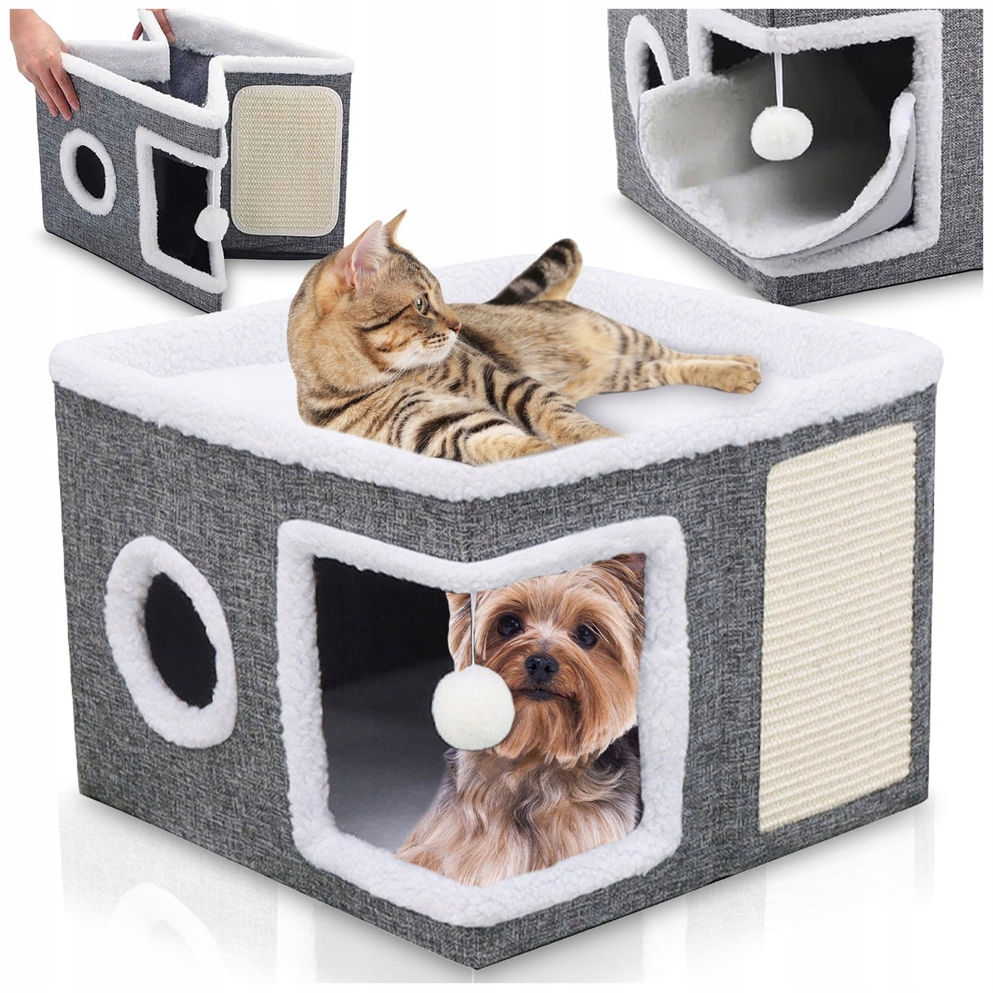 Levně Domeček Pro Kočky 2-ÚROVŇOVÝ Pelíšek Skládací Budka Škrabadlo Šedé 42x42x31 cm