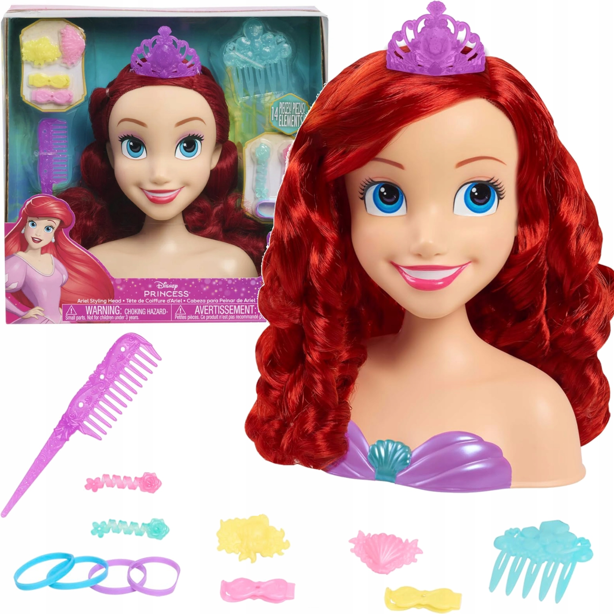 DISNEY ARIELKA GŁOWA DO CZESANIA I STYLIZACJI WŁOSÓW LALKA 14 EL.