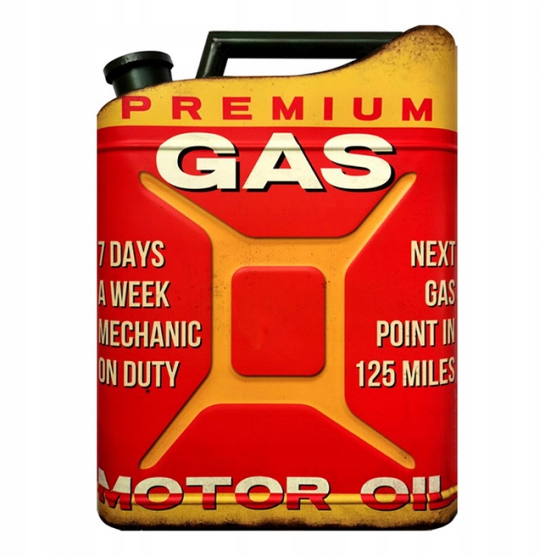 Červený kovový nástěnný znak ve tvaru plechovky s plynem 35x1x49 cm