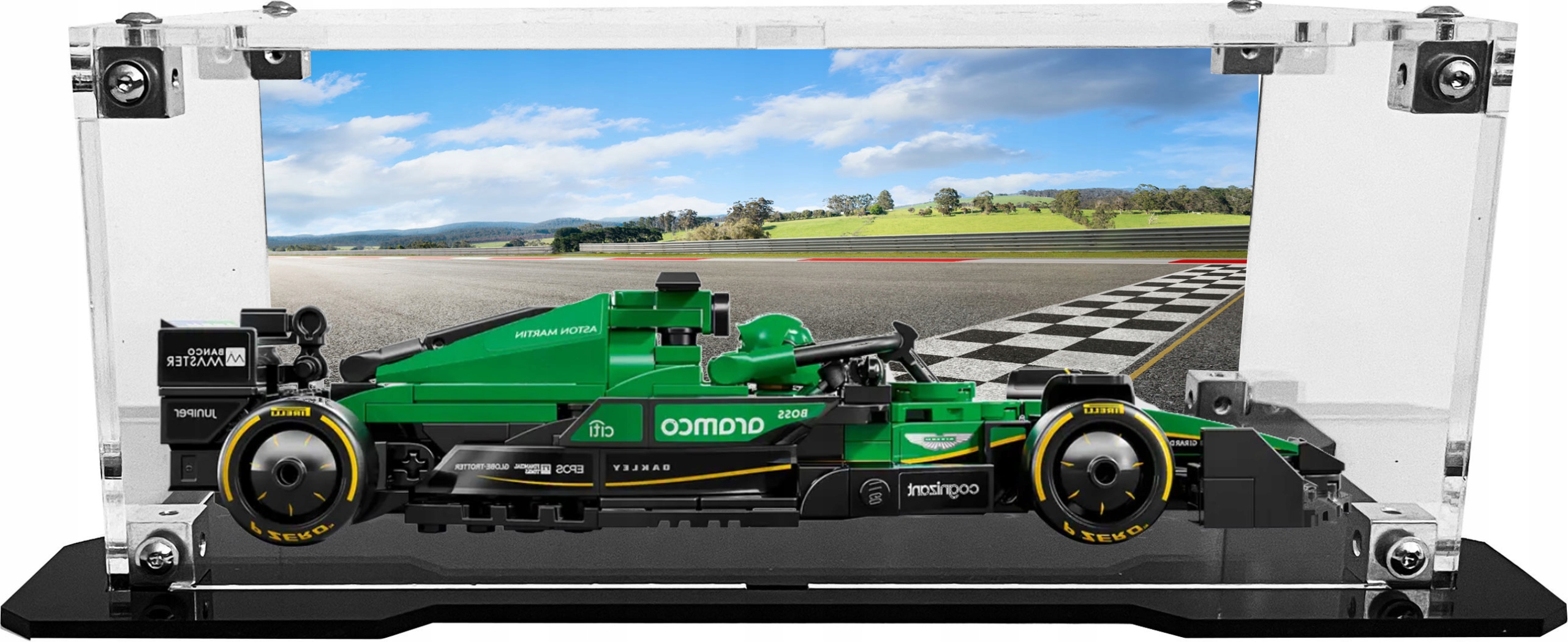 Vitrína s černou základnou a pozadím pro sadu Lego 77245 Formule Aston Martin