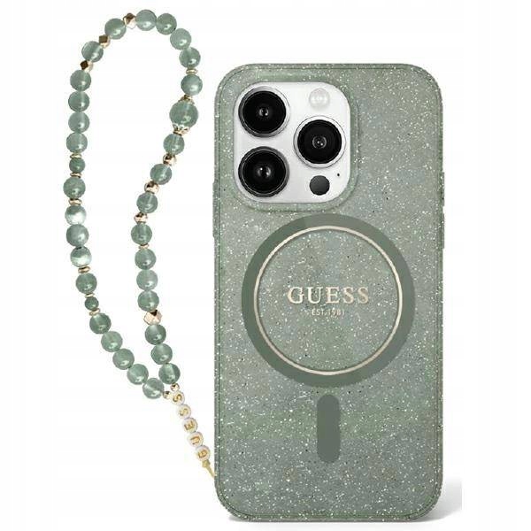 Pouzdro Guess Iml Glitter With Pearl pro Magsafe pro iPhone 16 Plus zelené