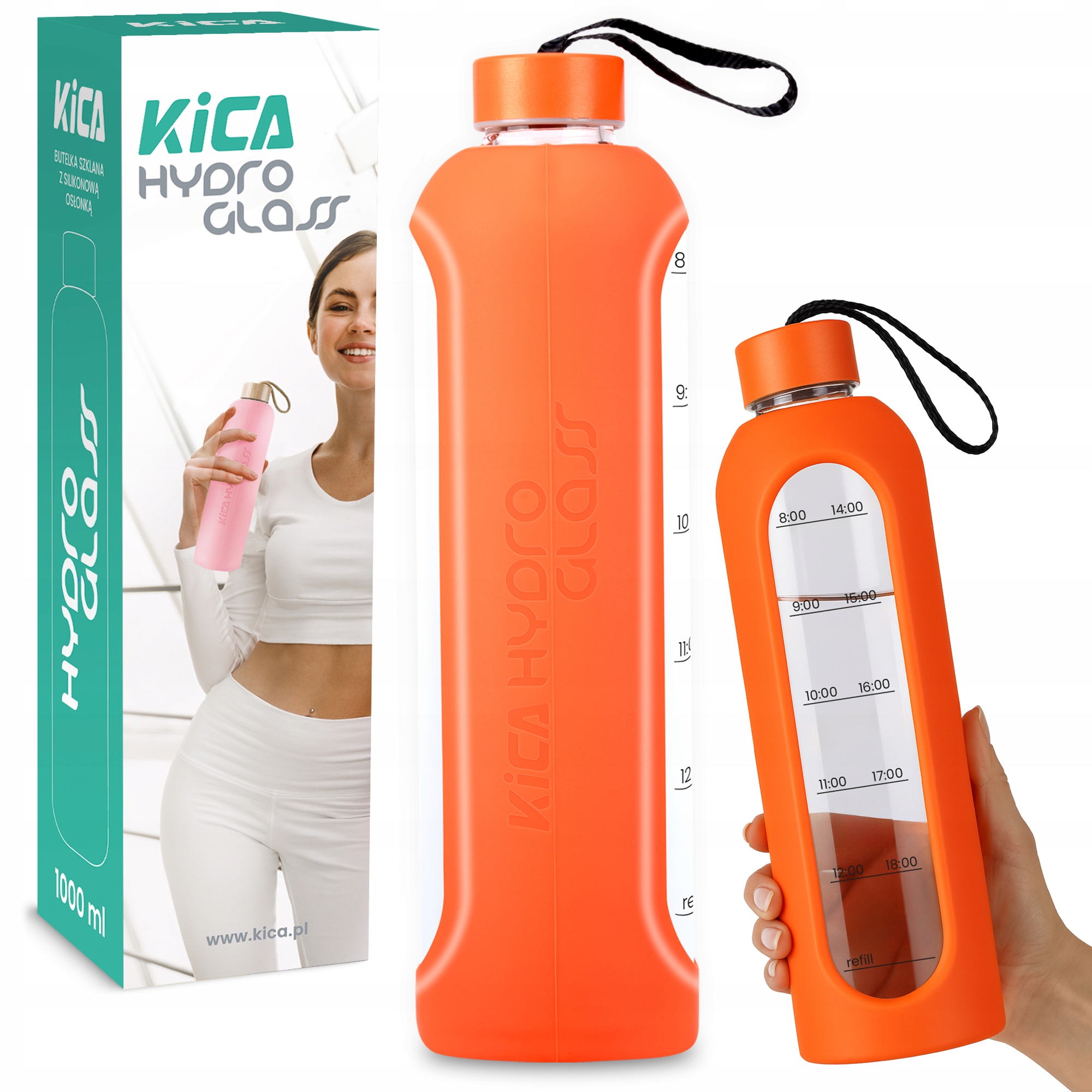 Butelka szklana Bidon KiCA Hydro Glass 1000 ml pomarańczowa