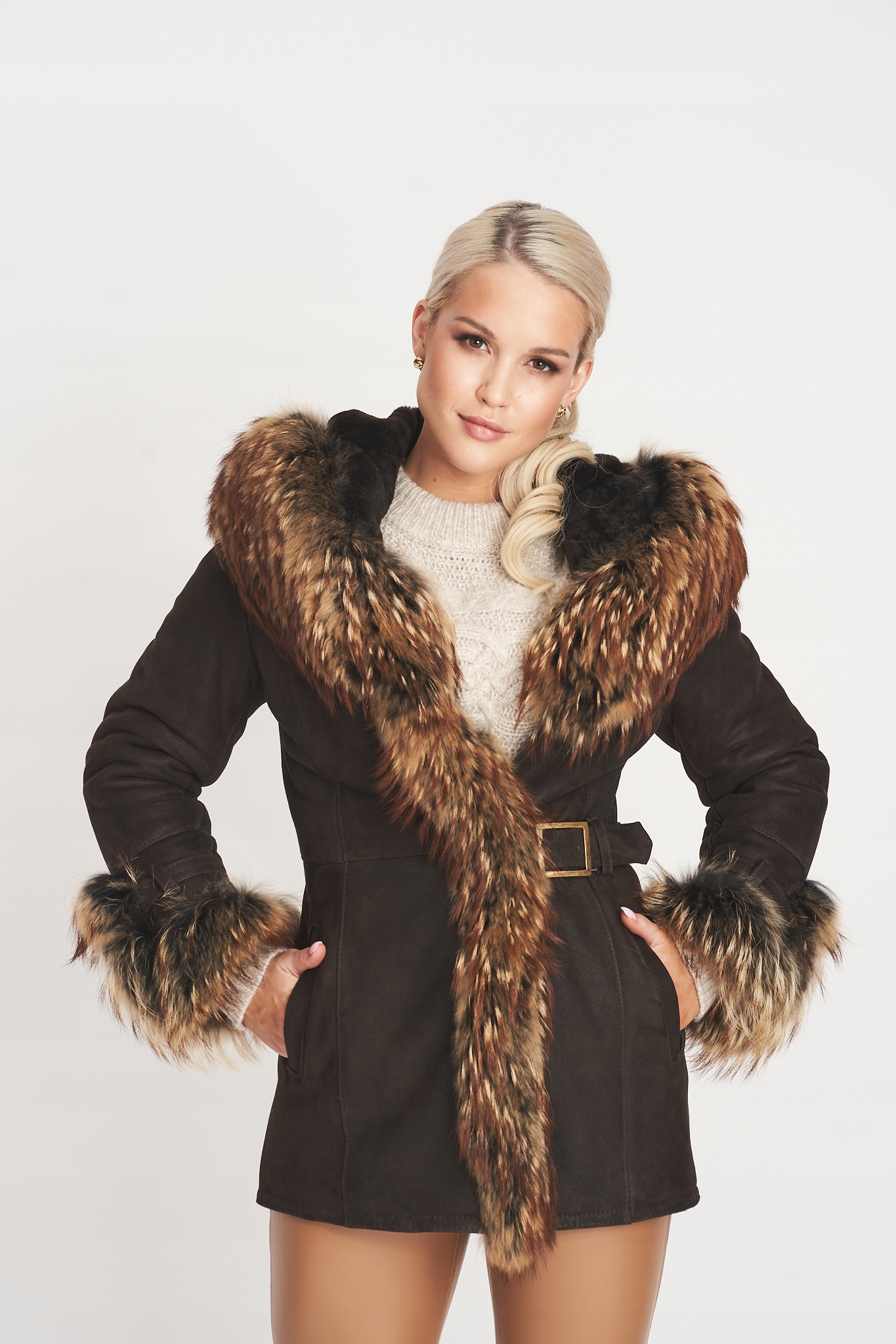 Brązowy KOŻUCH DAMSKI z obszyciem KD-49 XL 42