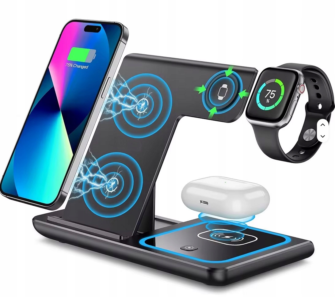 Ładowarka bezprzewodowa indukcyjna 3w1, 15W, Led, składana, Samsung, Iphone