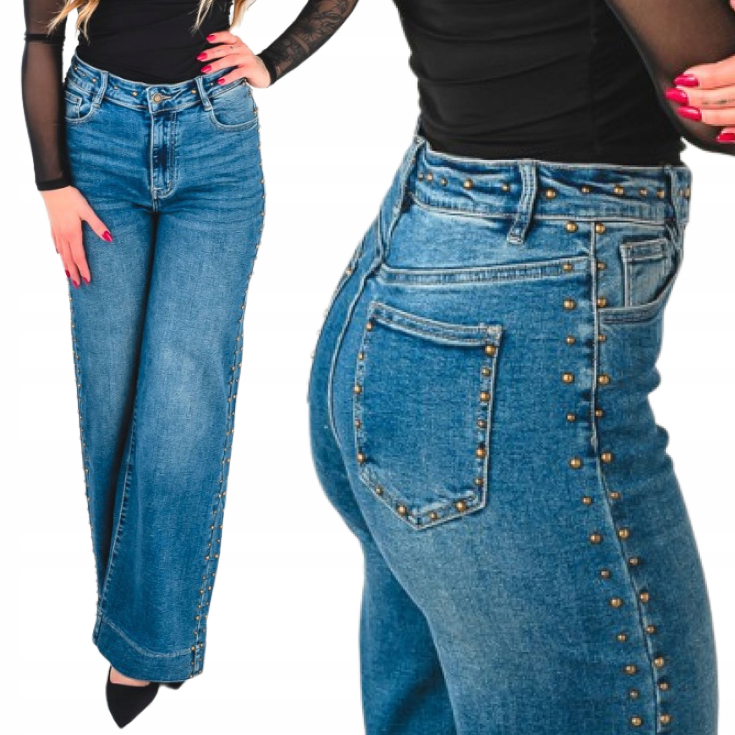 Široké volné dámské džíny wide leg s kamínky, vysoký pas, velikost S