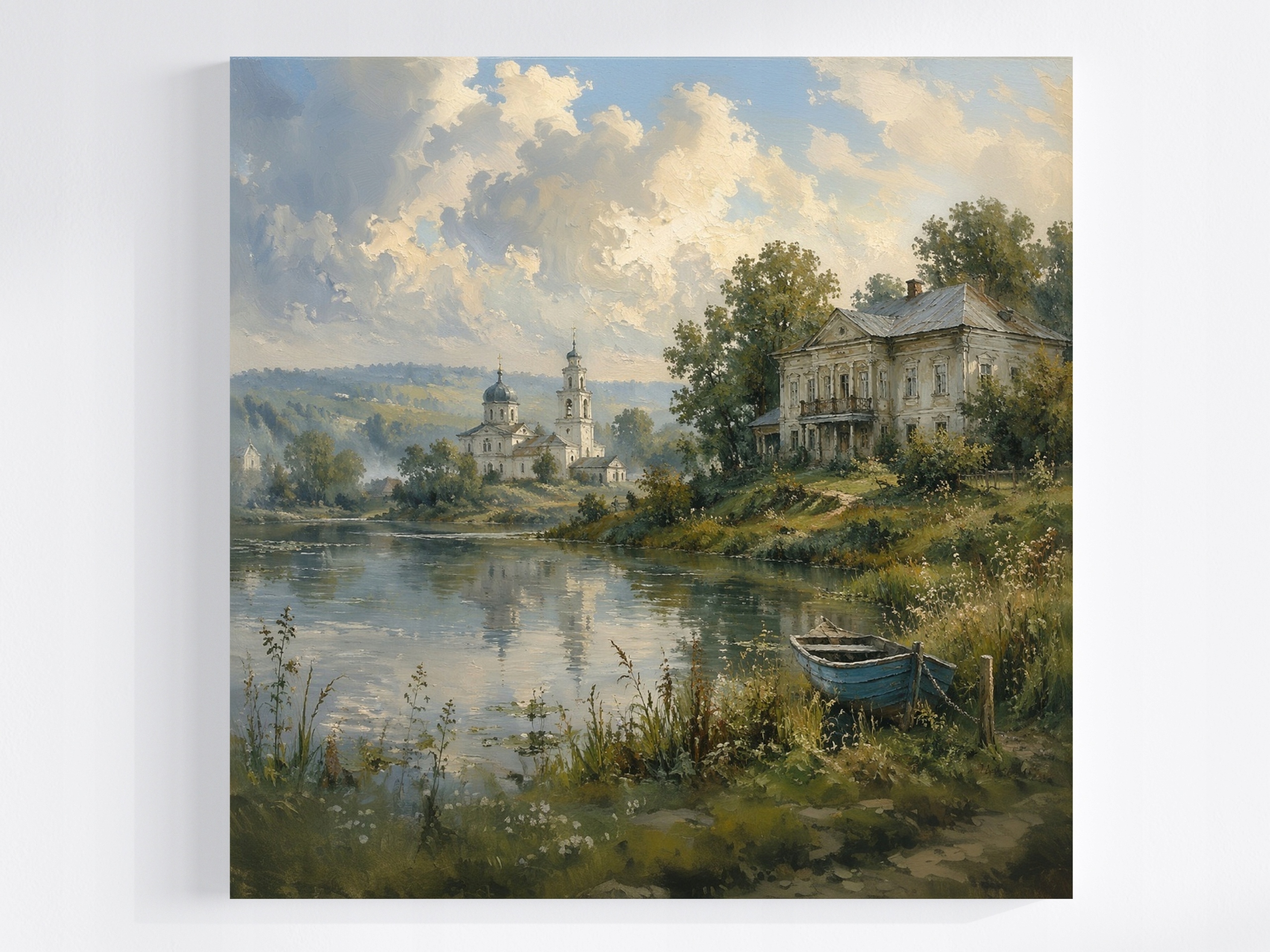 Obraz Na Plátně Canvas Krajina Léto Vesnice Řeka Dvůr Kostel Loďka 50x50