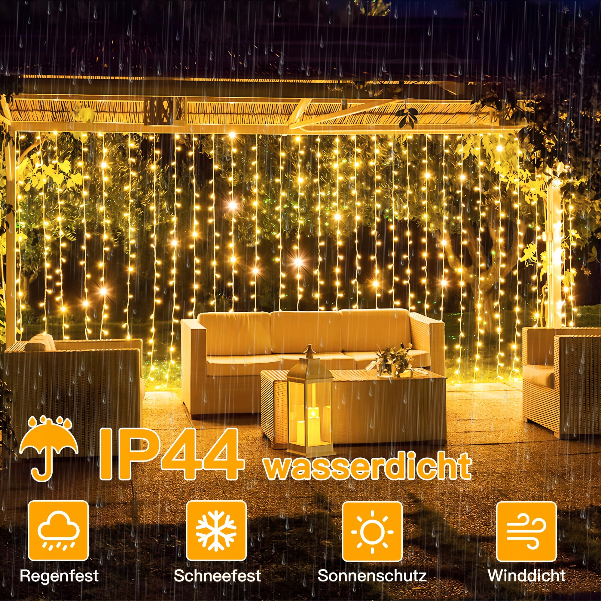 OLLNY Kurtyna LED 2x2m 200 LED Ciepłe Światło 8 Trybów Timer Dimmable — miniatura 7