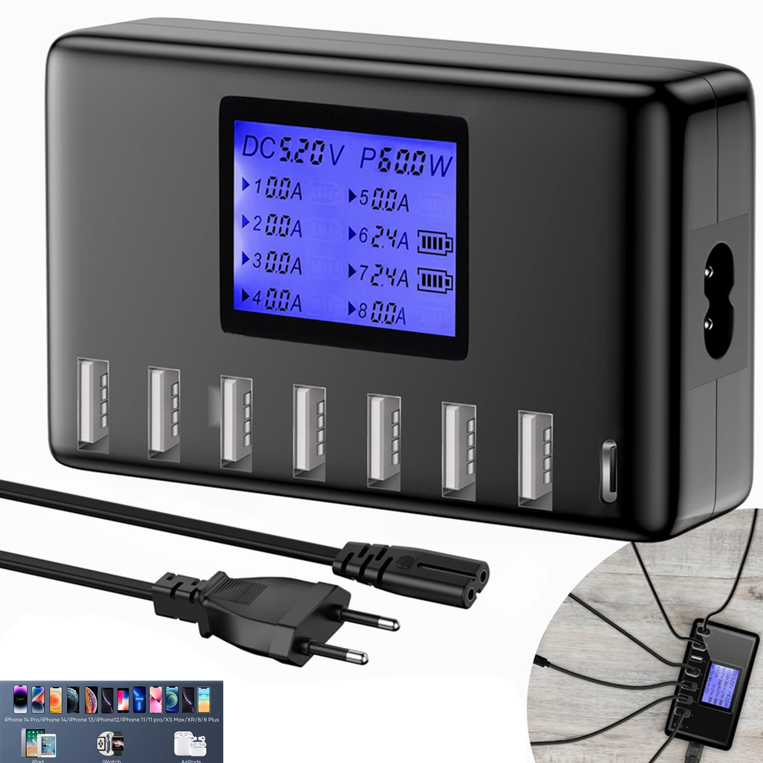 Szybka Ładowarka Usb Wieloportowa Usb 8 Portami Stacja Ładująca LCD 60W1.2M