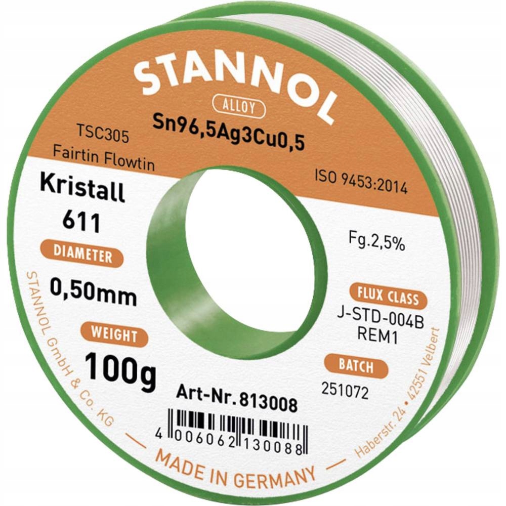 Pájecí dráty Sn96.5Ag3Cu0.5 0.5mm 100g s tavidlem Stannol