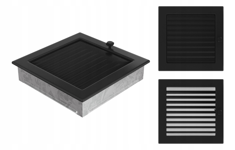 Větrací mřížka do krbu černá s žaluzií 22x22, čtvercová, lakovaná
