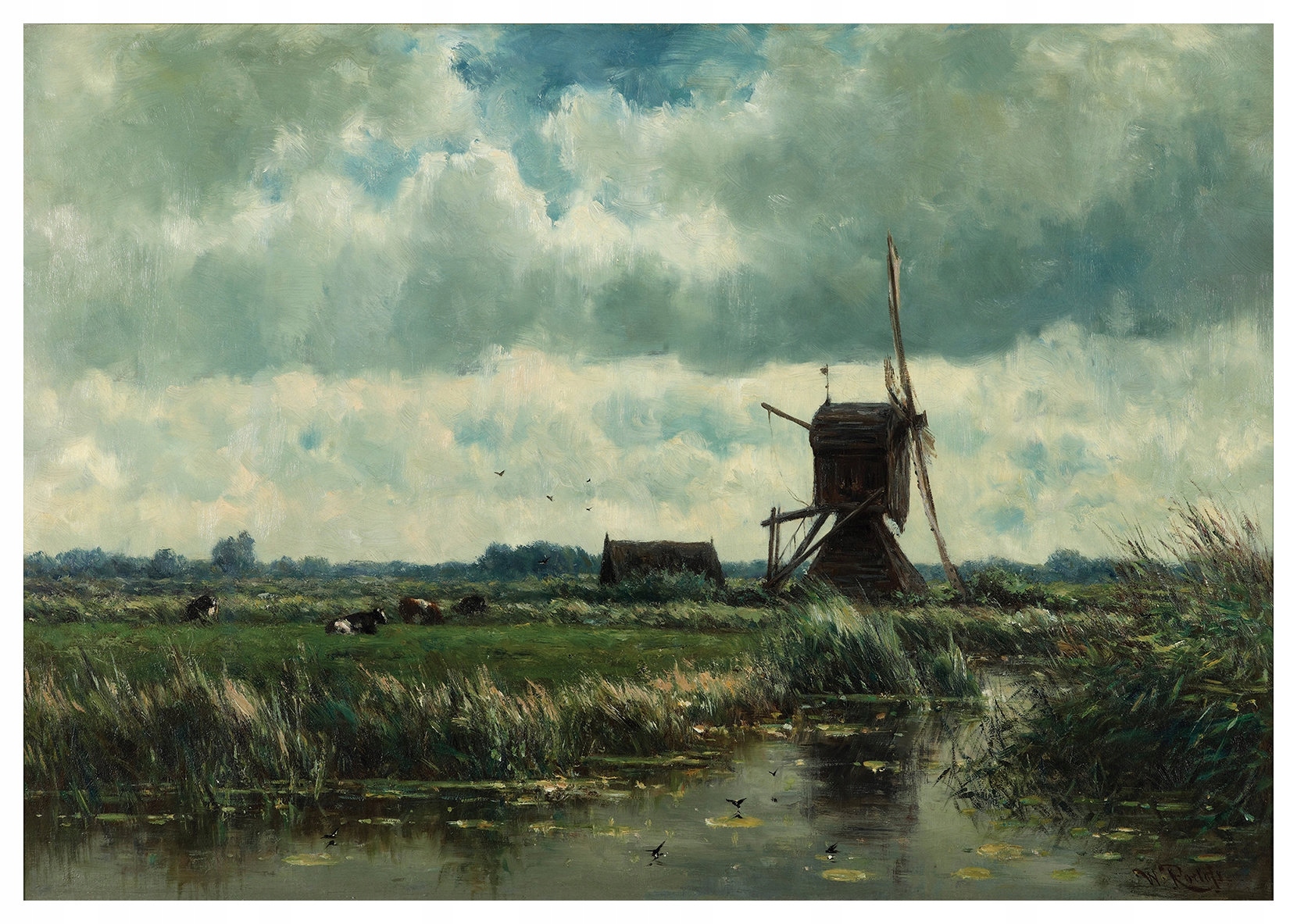 Vliesová fototapeta Větrný mlýn nad klidnou plochou krajina 416x254 lepidlo