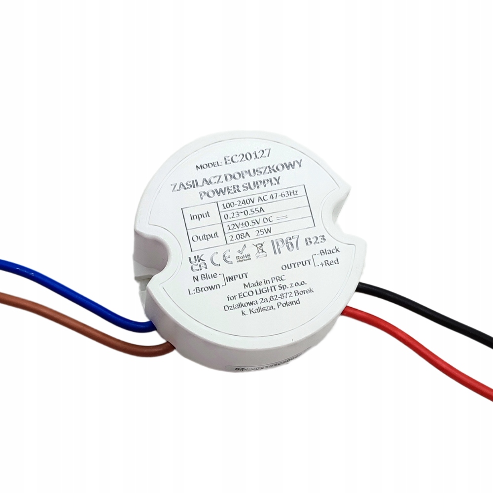 Zasilacz LED 12V do puszki WODOODPORNY 25W 2.08A do taśm LED dopuszkowy