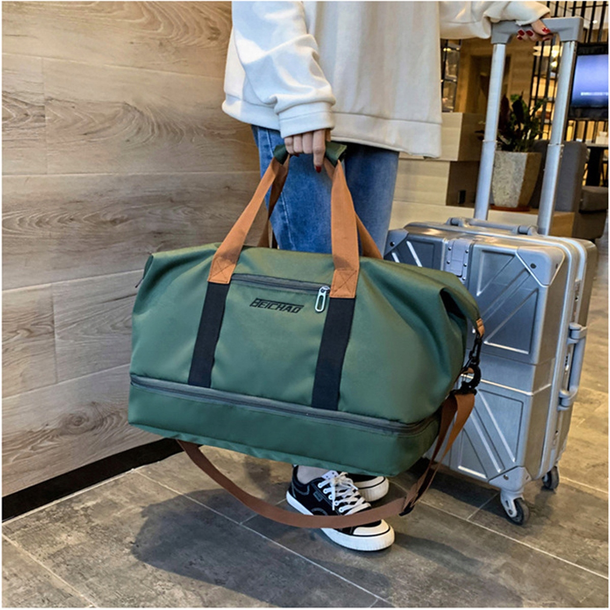 DAMSKA MĘSKA TORBA PODRÓŻNA DO JOGI SPORTOWEJ NA SIŁOWNIĘ WIĘKSZA POJEMNA TORBA NA RAMIĘ TOREBKA Materiał dominujący nylon