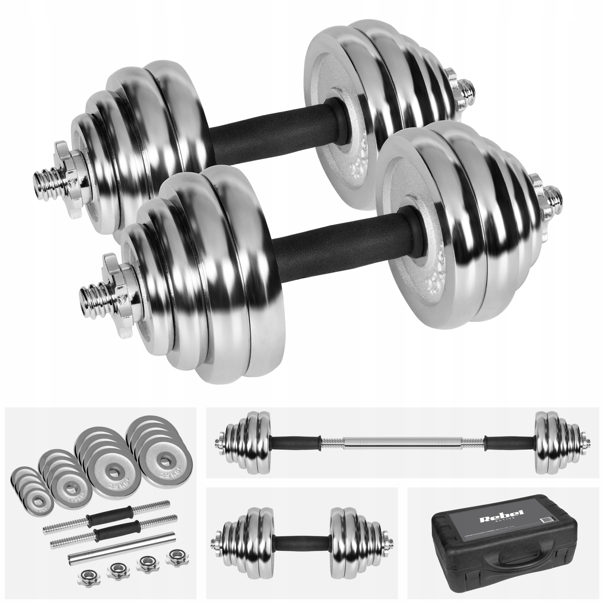 Hantle żeliwne chromowane z gryfem zestaw 30kg Rebel solidne regulowane