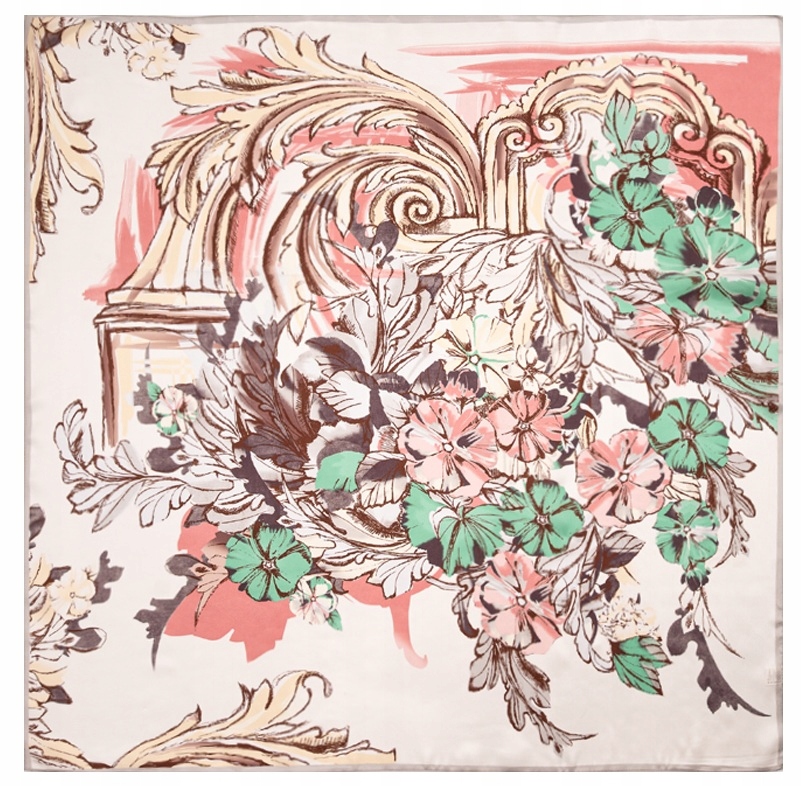 Hedvábný šátek Elegantní šátek 90x90 cm Květy Růžová Dárek