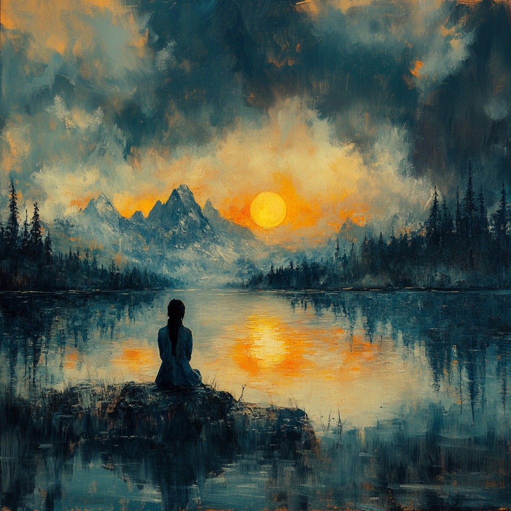 Obraz Na Plátně Canvas Krajina Hory Jezero Slunce Postava Meditace 80x80