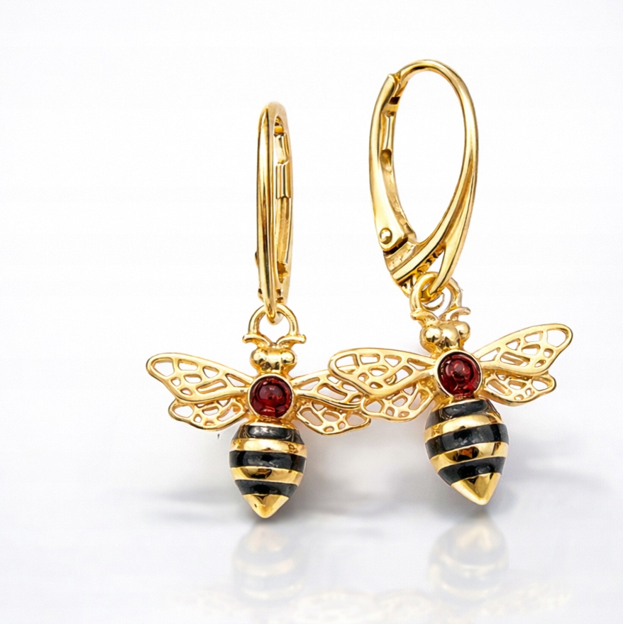 Zlaté Náušnice S Včelou, Jantarem A Včelou, Zlacené Stříbro