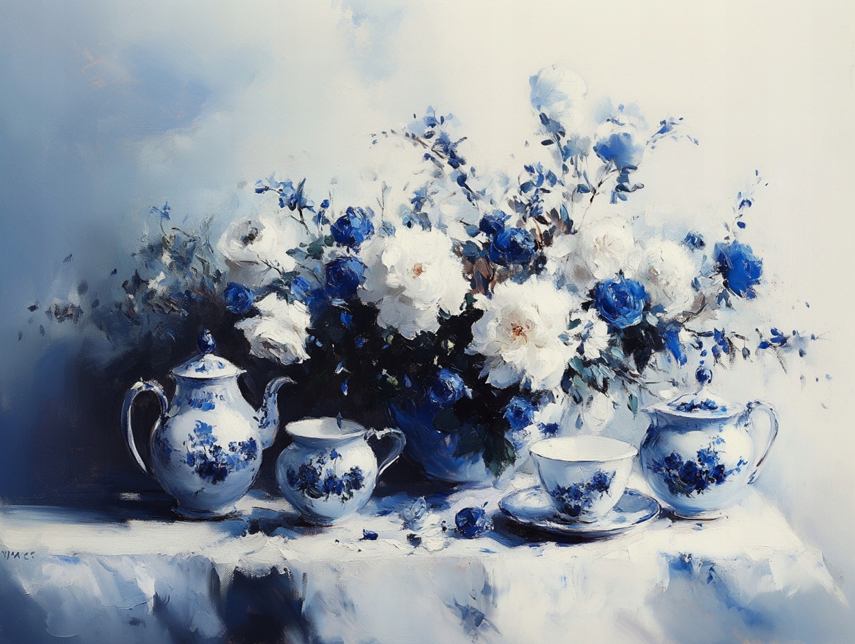 Obraz Na Plátně Canvas Květiny Čínský Porcelán Servis Káva Čaj 80x60