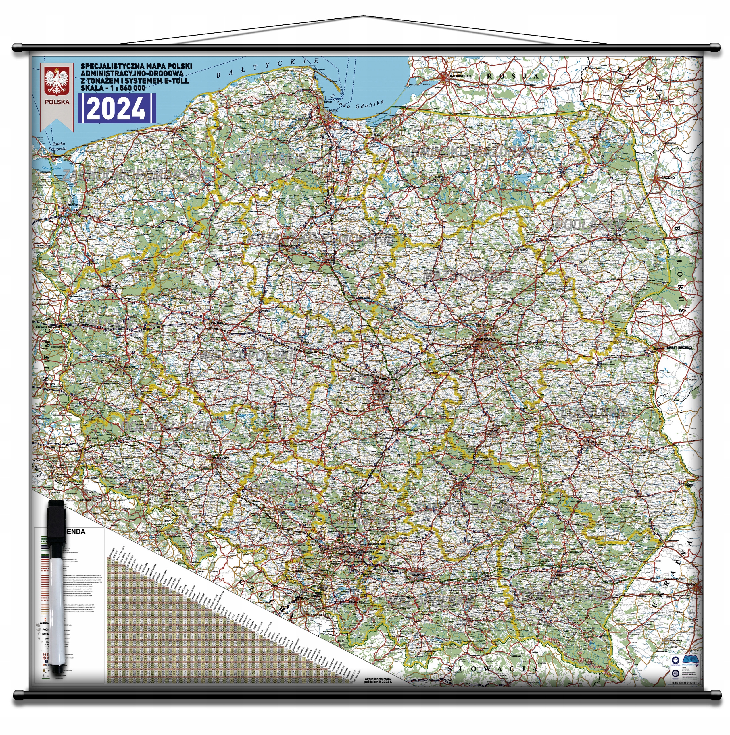 Polska mapa ścienna administracyjno-drogowa + system e-TOLL 2024 1:560