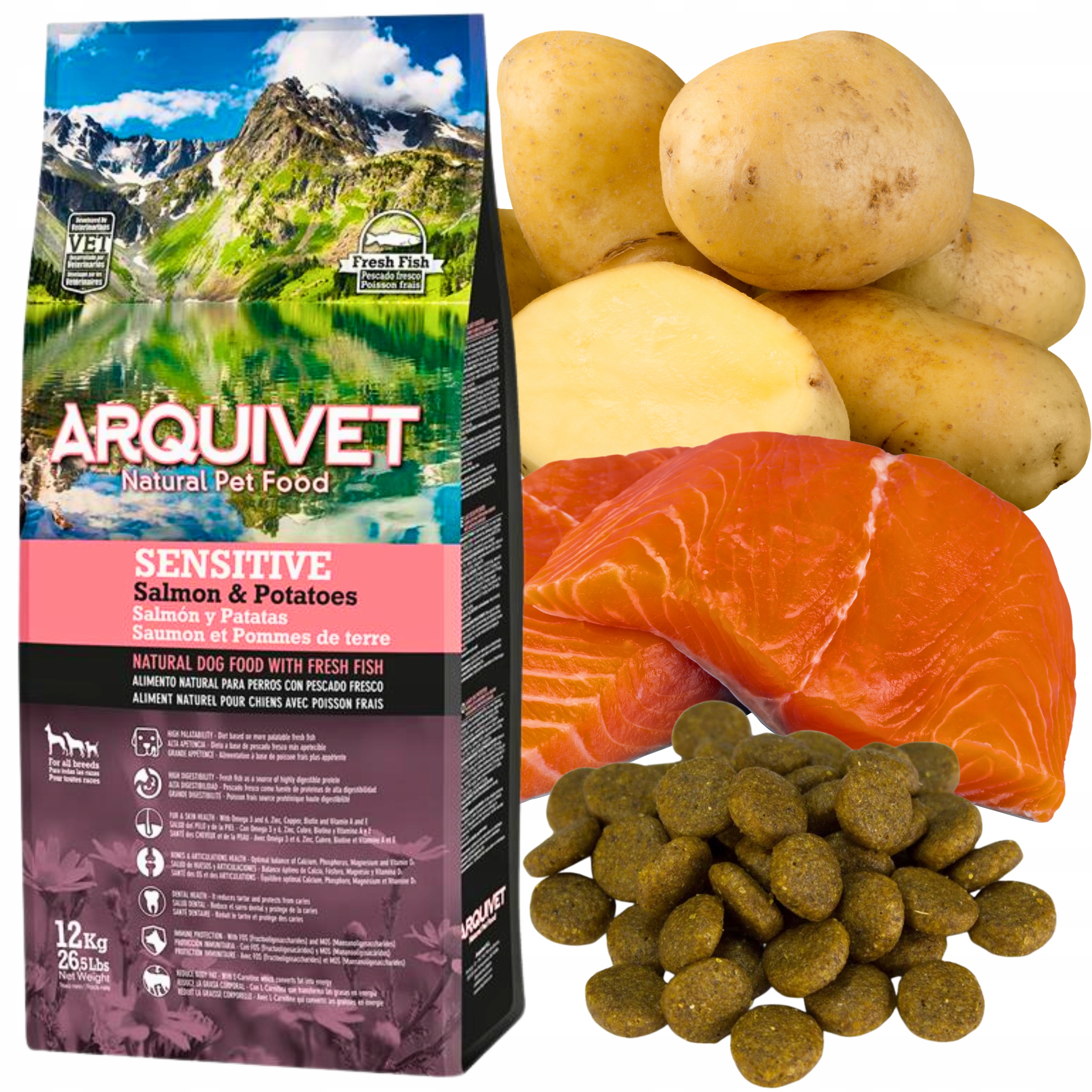 Levně Suché Krmivo pro psa Losos s bramborami Krmivo Arquivet Sensitive 12 kg