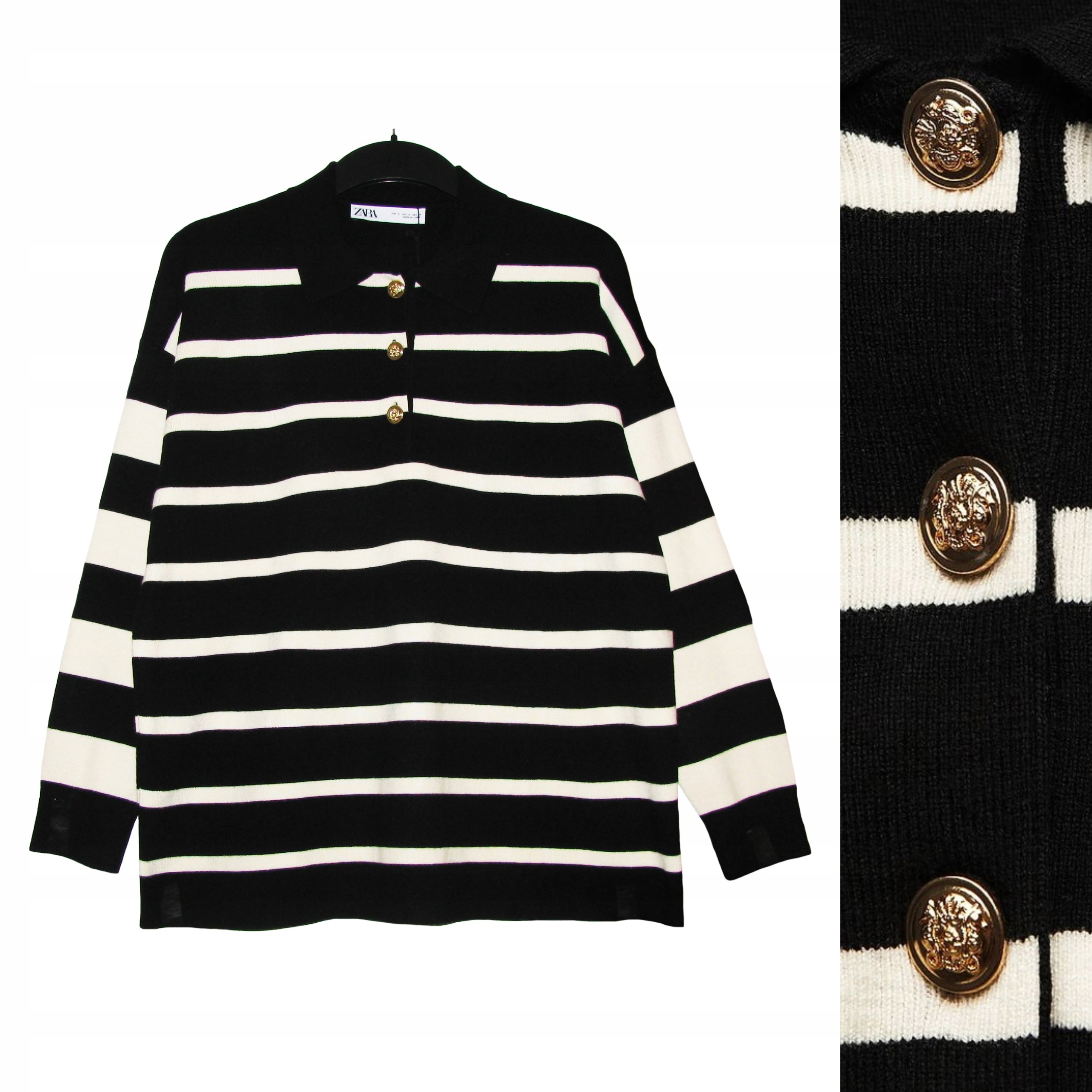 

Zara Czarny Sweter w Paski z Kołnierzykiem Polo S