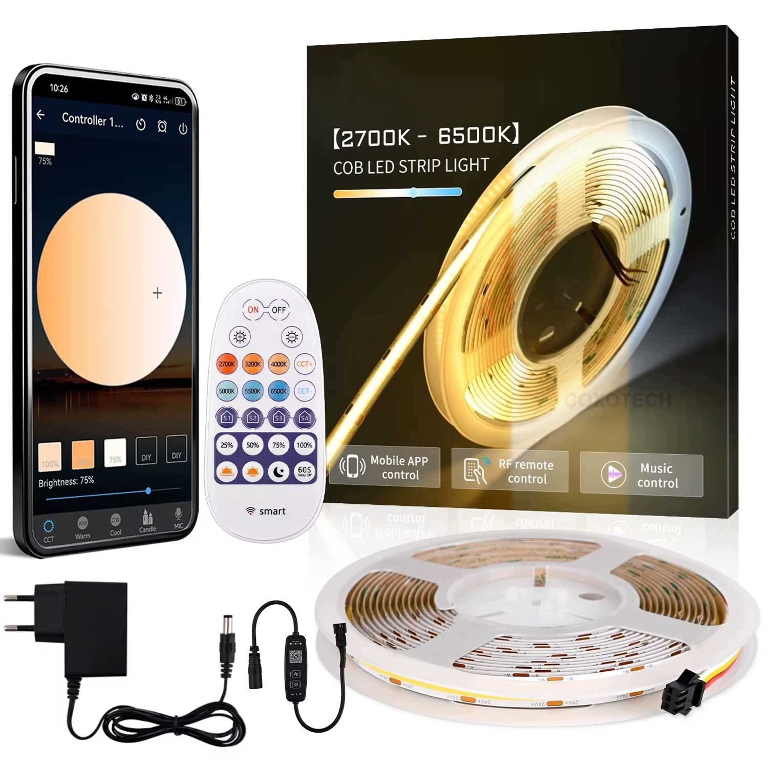 Taśma Led Cob 24V Cct zasilacz pilot aplikacja biały ciepły neutralny 5m