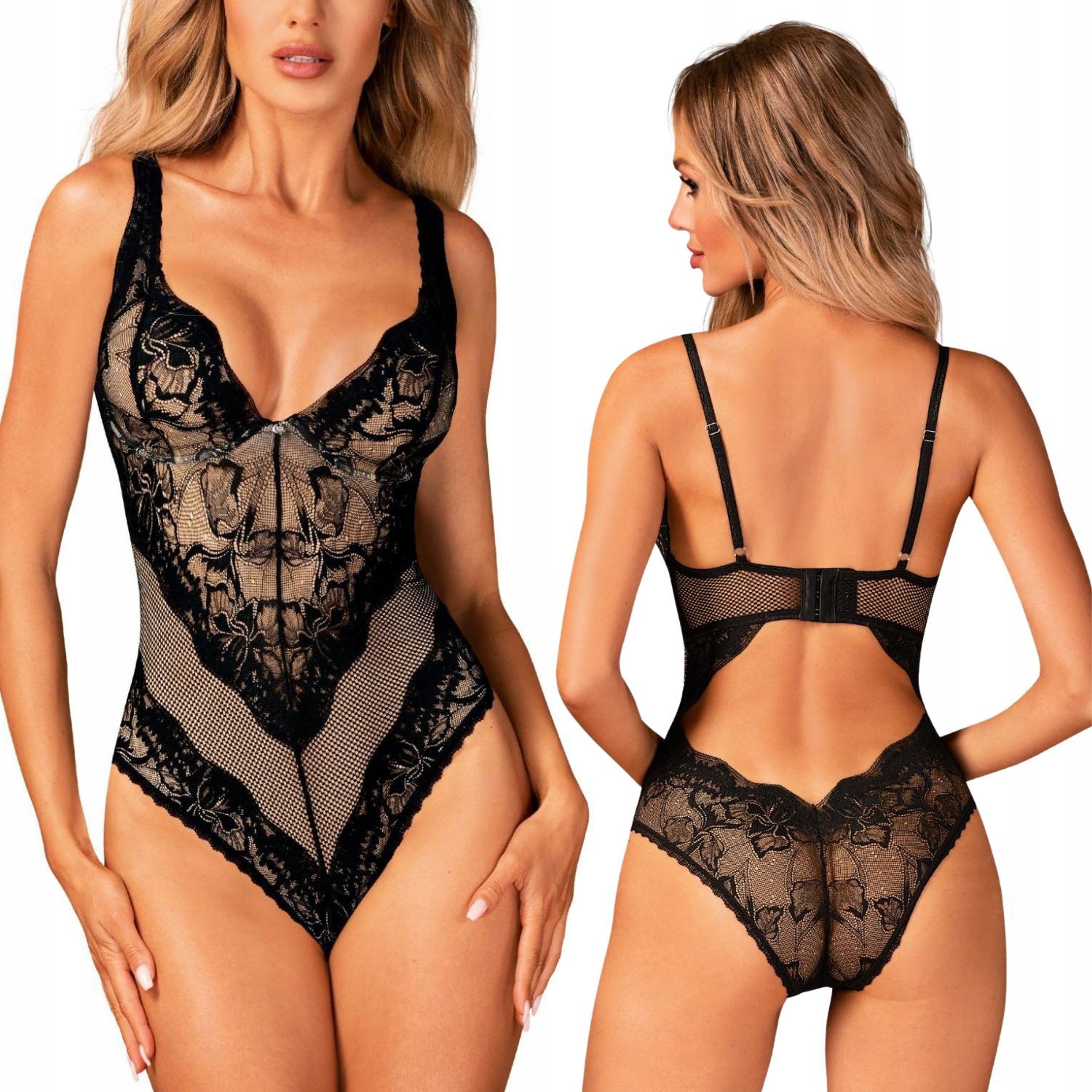 Body Olvidia krajkové průsvitné černé s kosticemi M/L Obsessive