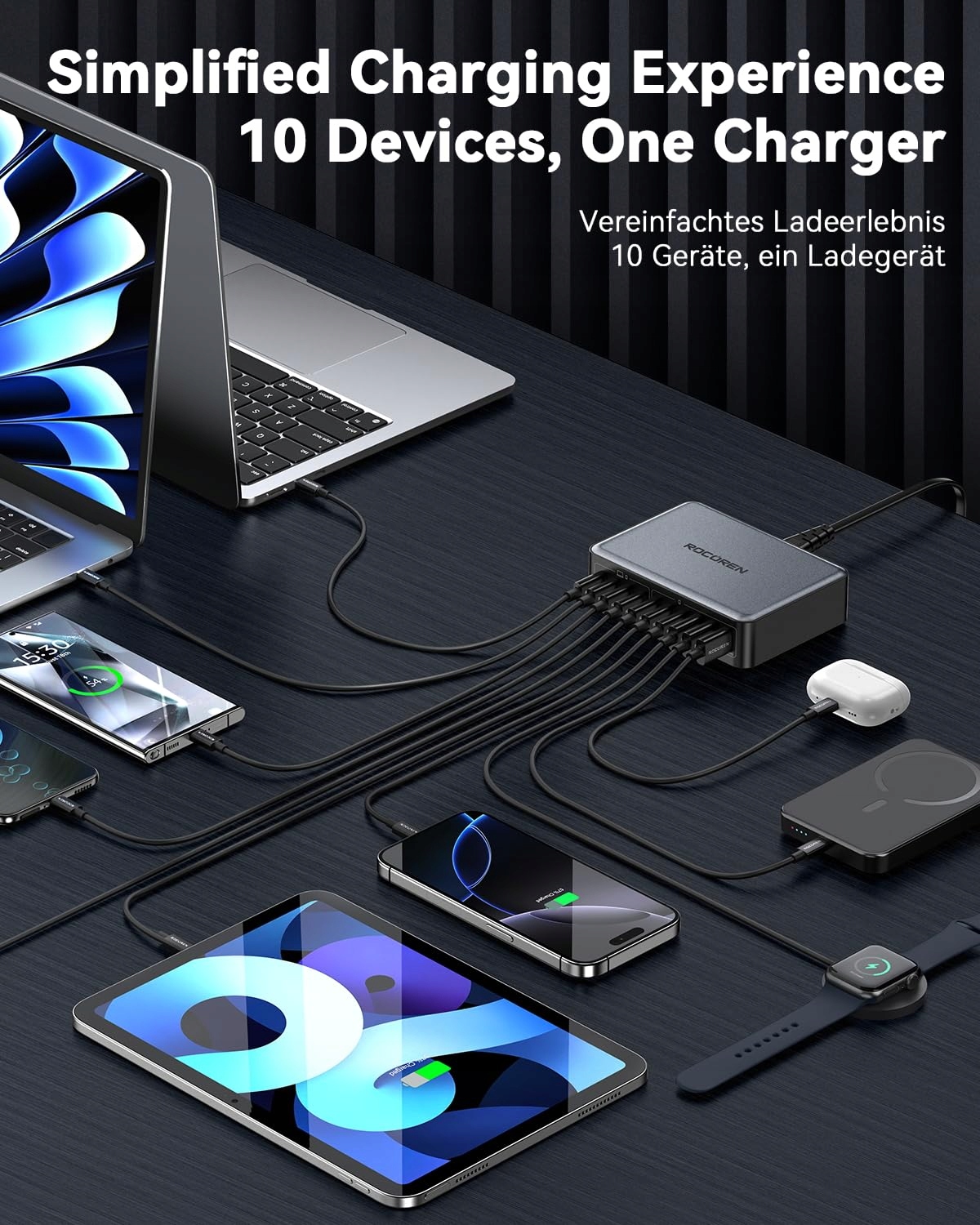 ROCOREN 480W GaN USB C Ładowarka 10-Portowa Stacja Ładowania Laptopów — miniatura 4