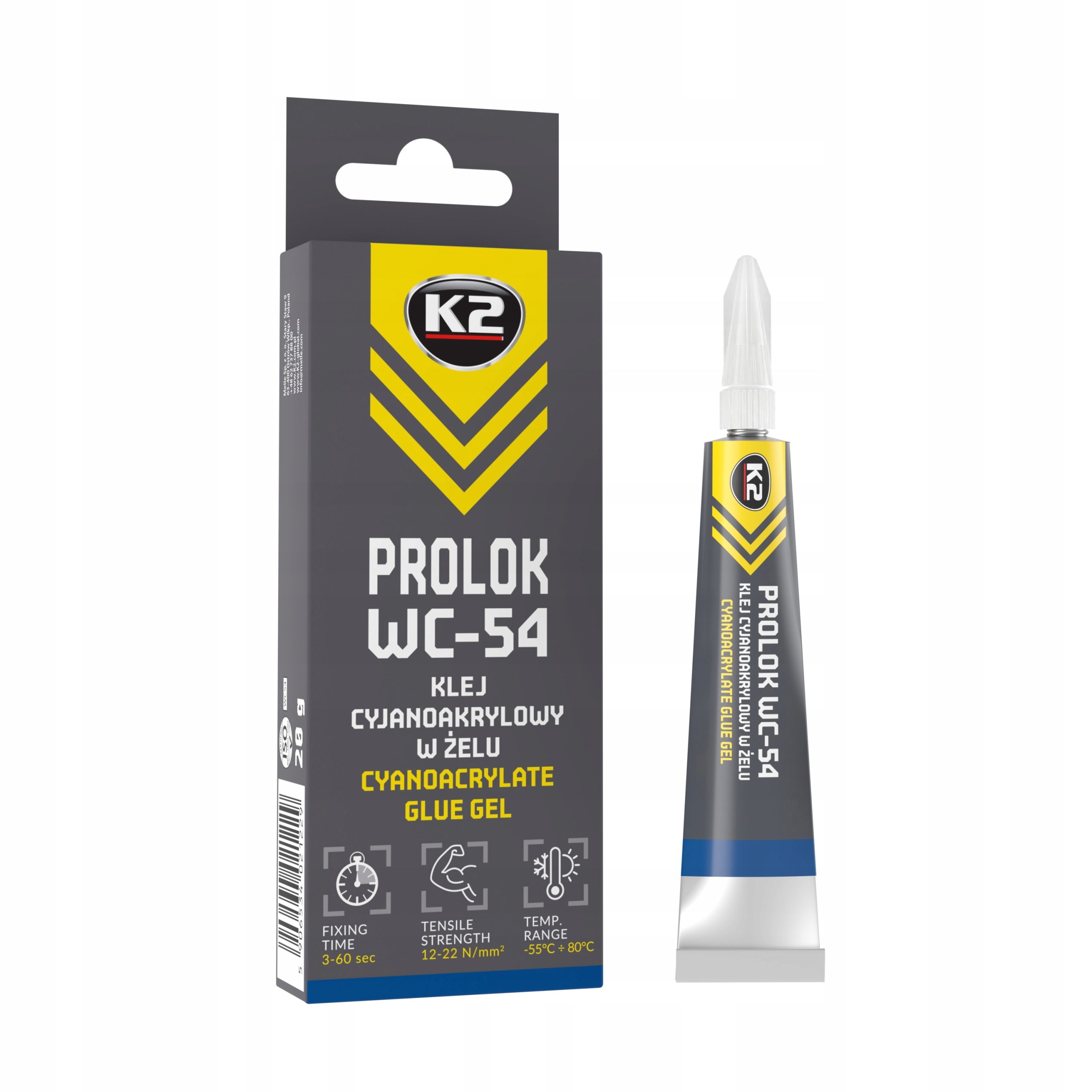 K2 Prolok WC-54 Żelowy Klej Cyjanoakrylowy Metal plastik drewno gąbka skóra