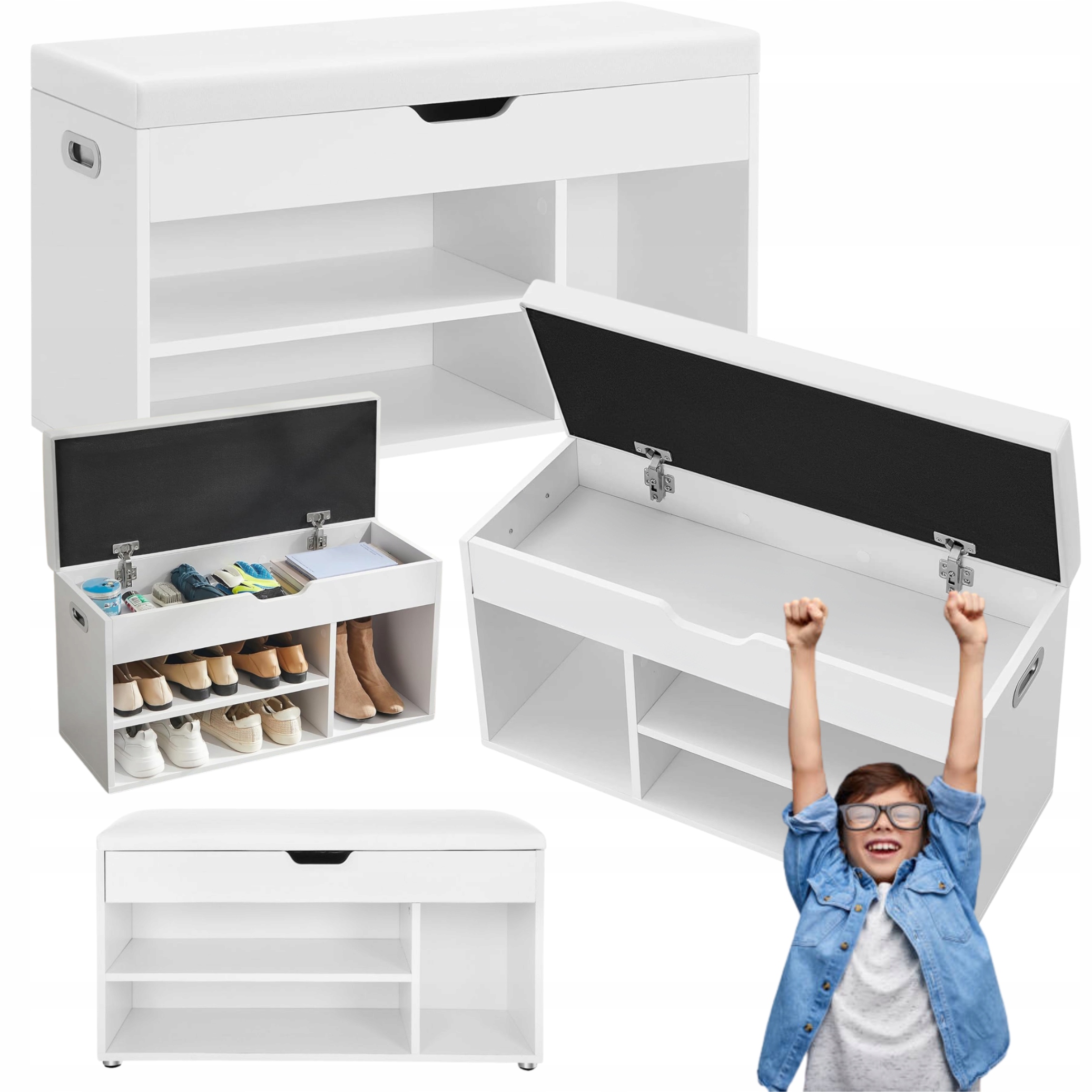 Lavica Skrinka na topánky s sedadlom, skriňa s taburetom, 3 police, Biela