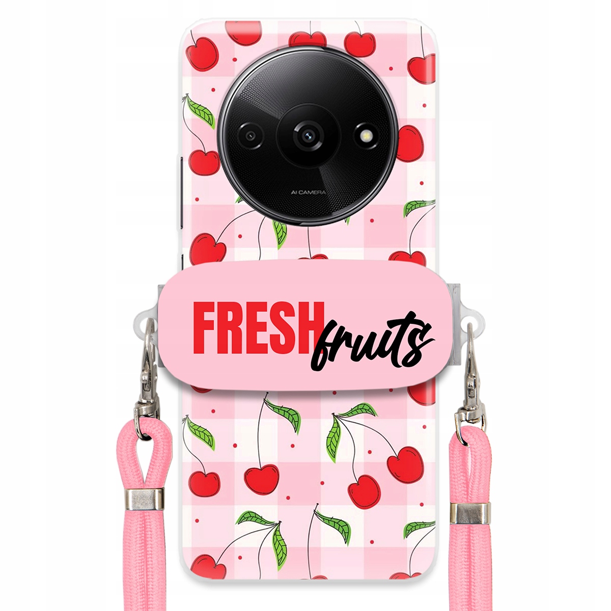 Puzdro pre Xiaomi Redmi A3 4G Case Držiak na šnúrku Ružový Fresh Fruits Mriežka