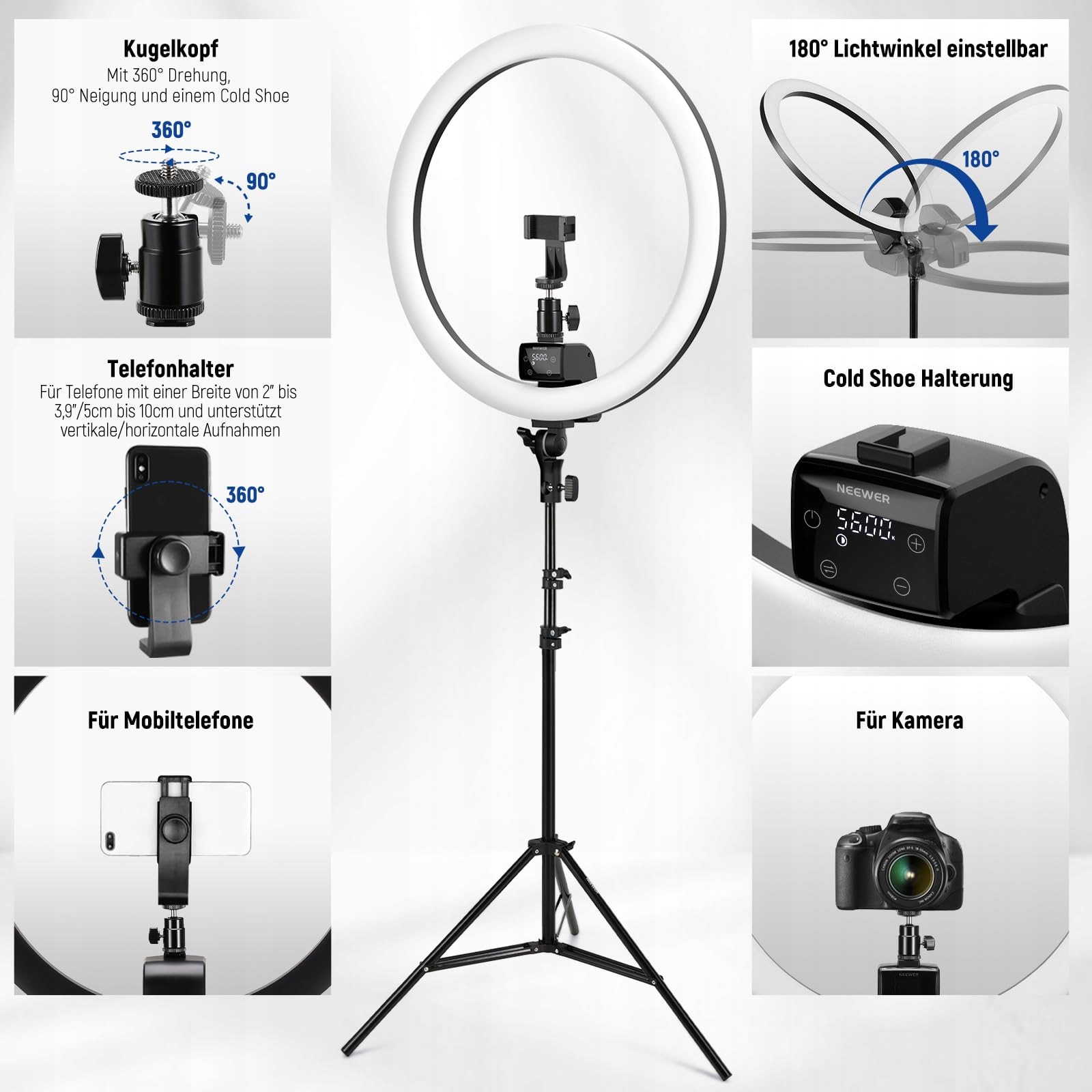 NEEWER Lampa Pierścieniowa LED 18 Calowa Z Telefonem i Stojakiem — miniatura 5