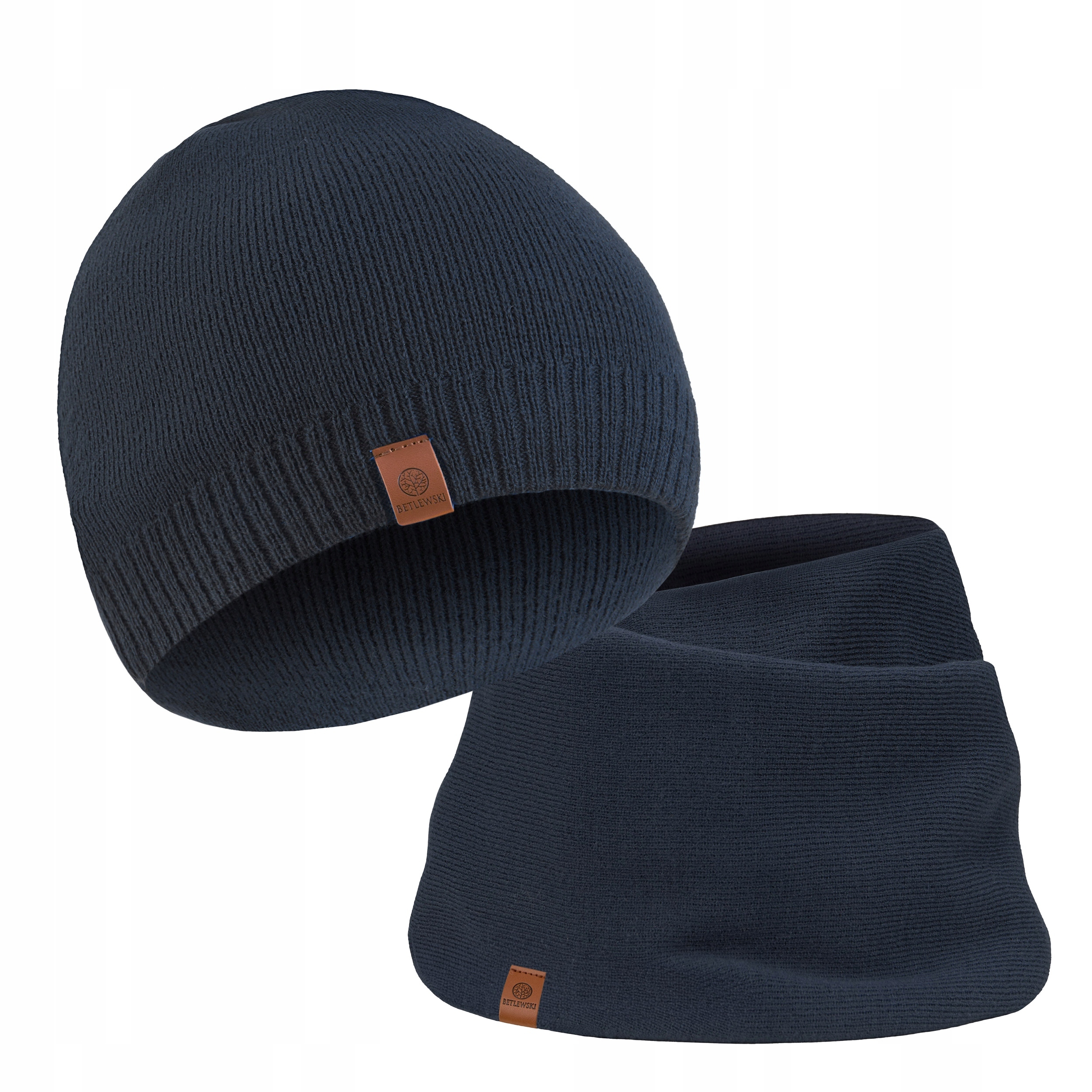 Pánský zimní komplet Betlewski Čepice Beanie Nákrčník Tmavě modrá Teplá 2v1