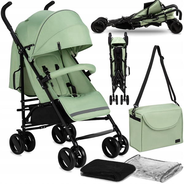 Коляска зонтик-MoMi AKIRA зеленый-корзина москитная сетка фольга сумка
