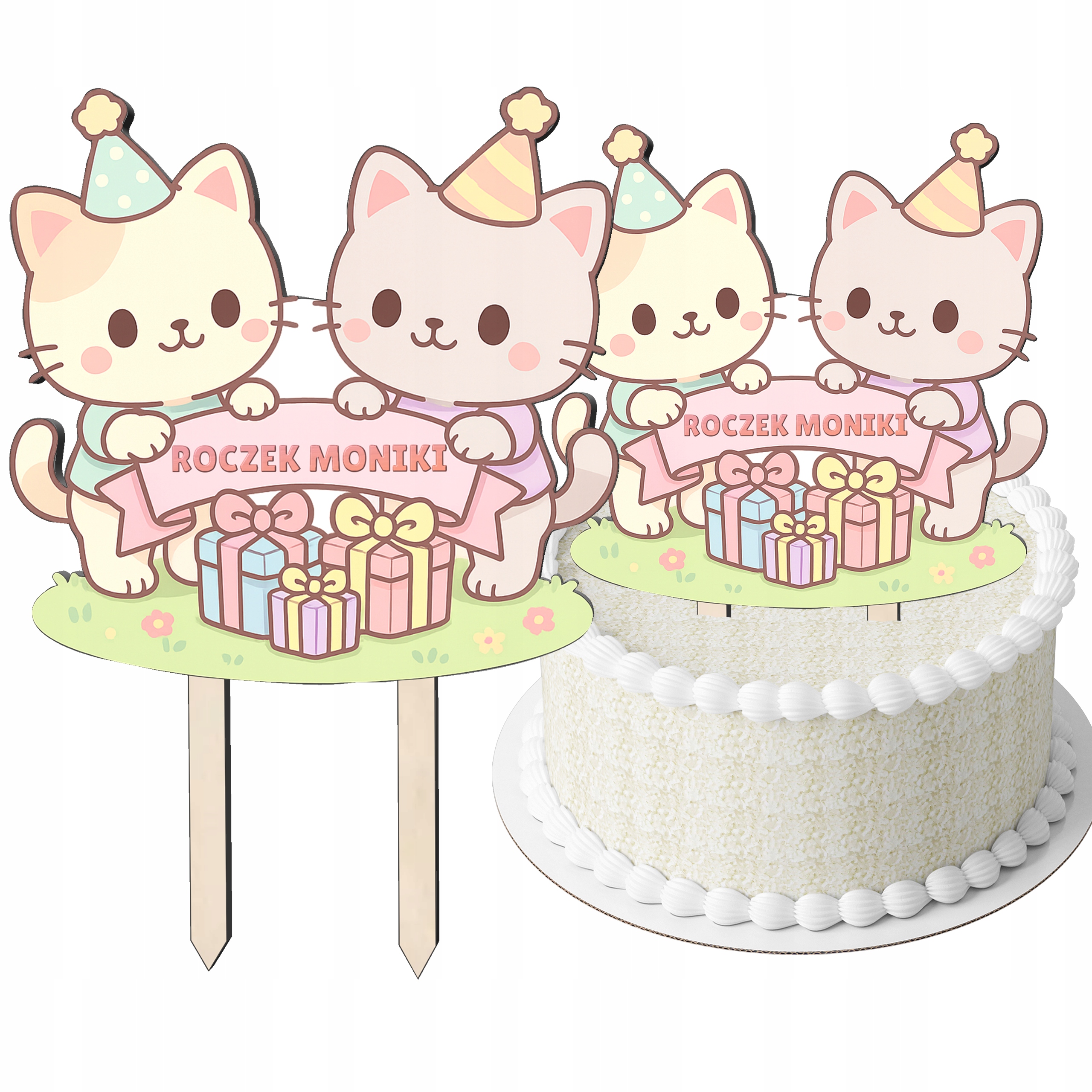 TOPPER KOLOROWY DWUSTRONNY KOTKI NA ROCZEK PERSONALIZACJA IMIĘ+WIEK