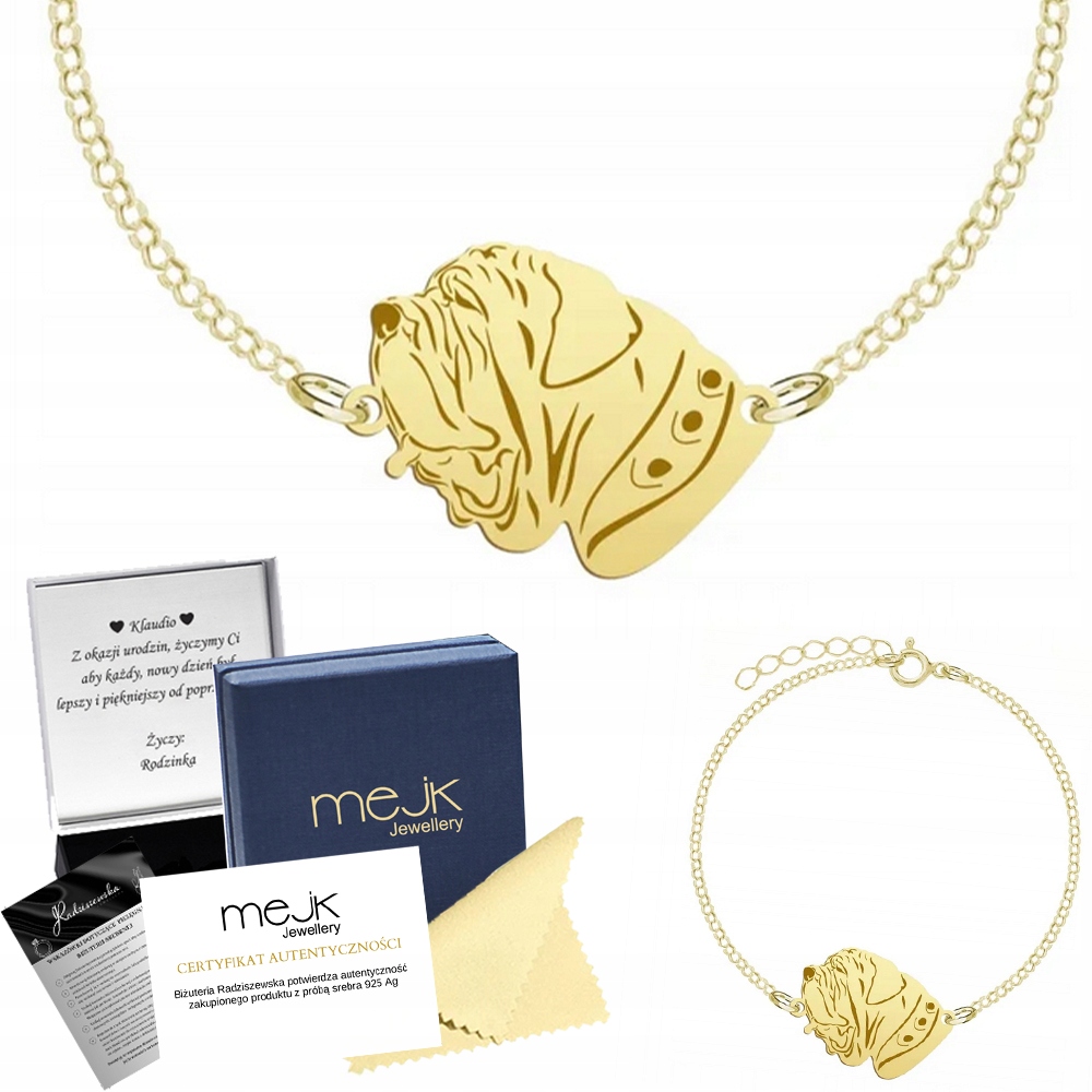 Zlatý náramek s psem Neapolský mastif 925 Šperky Dárek Gravírování