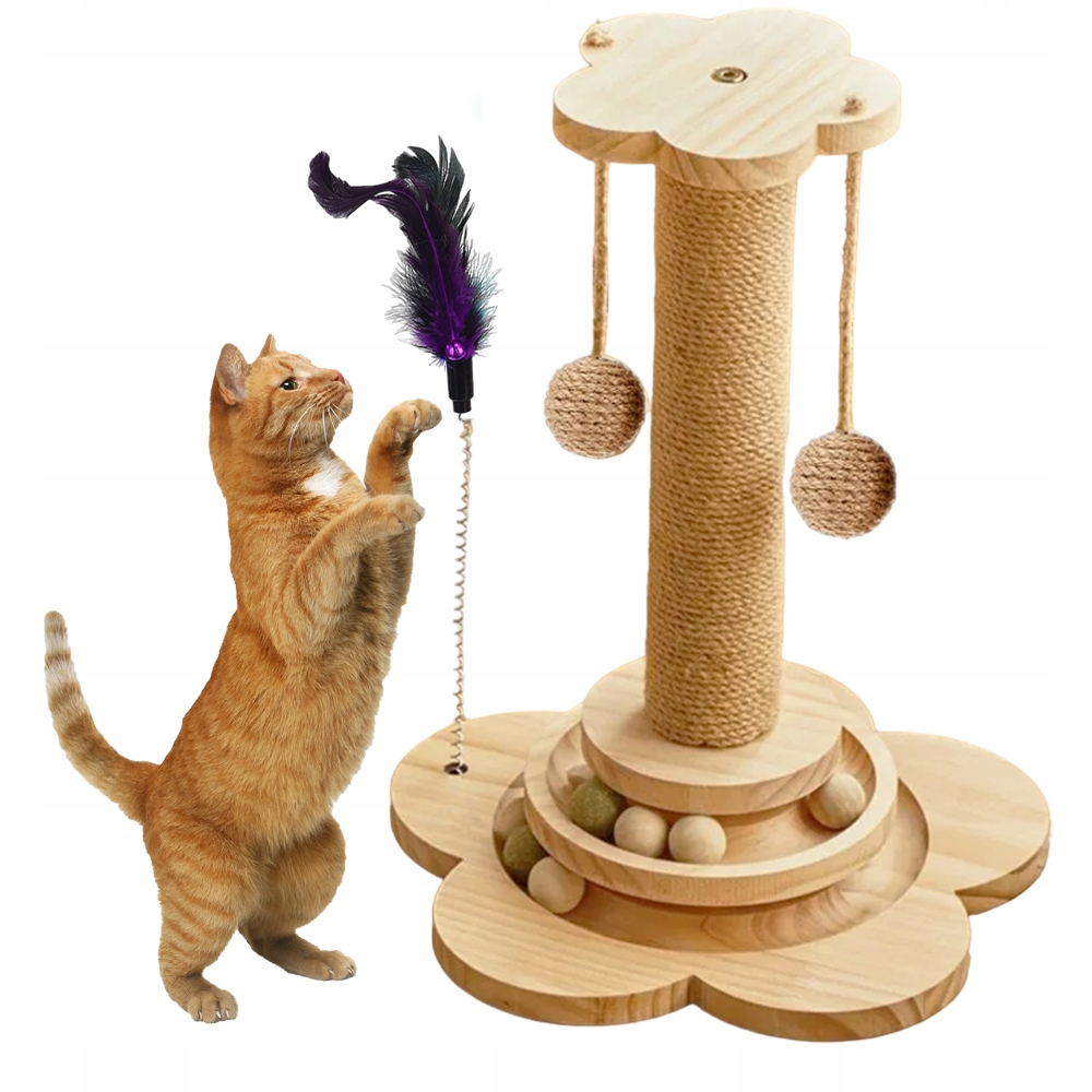 Levně Hračka Pro Kočky Dřevěná Multifunkční Škrabadlo Dráha Kuličky Sisal
