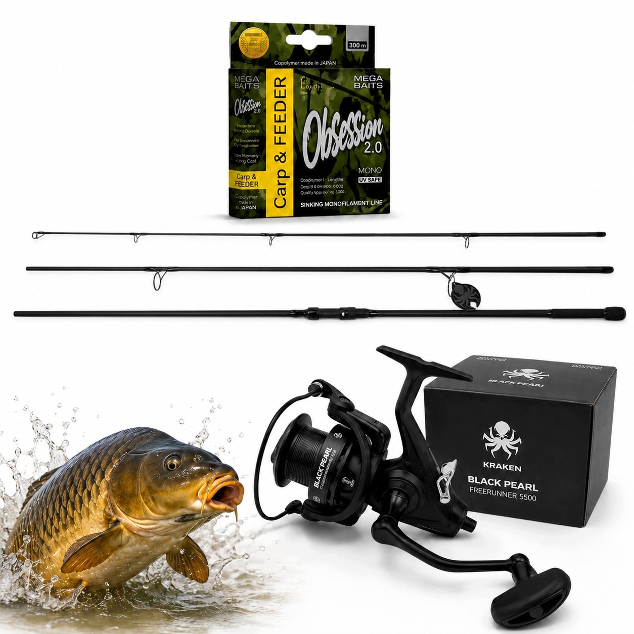 Zestaw Kraken Black Pearl Carp 12FT 3LBS 3CZ+FREE Runner 4500+ŻYŁKA 0,30mm