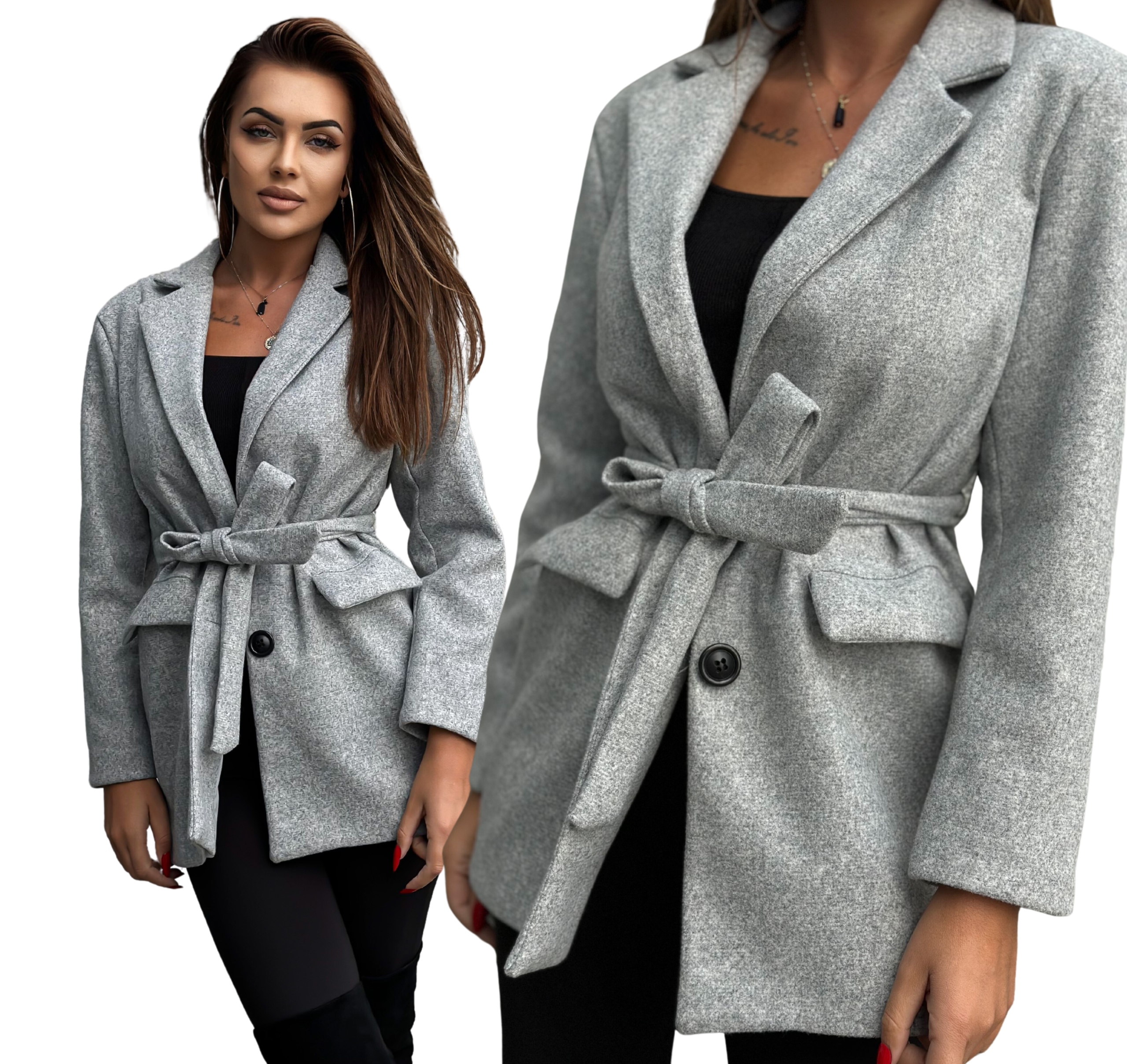 Elegantní dámský kabát se zavazováním a páskem, flaušový, krátký, šedý, velikost XL