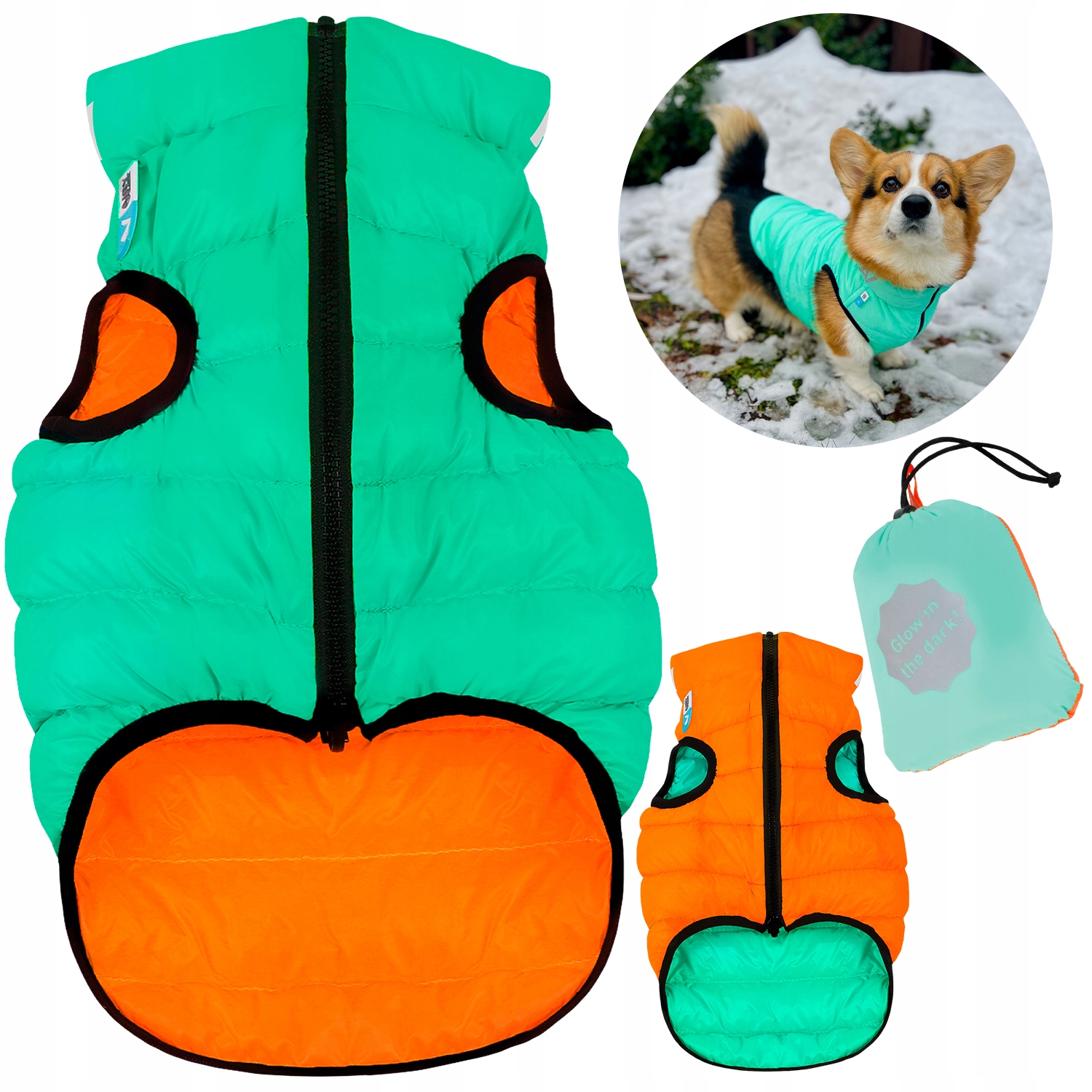 Levně Bunda pro psa akumulující světlo, světle zelená-oranžová, vel. M (M45)