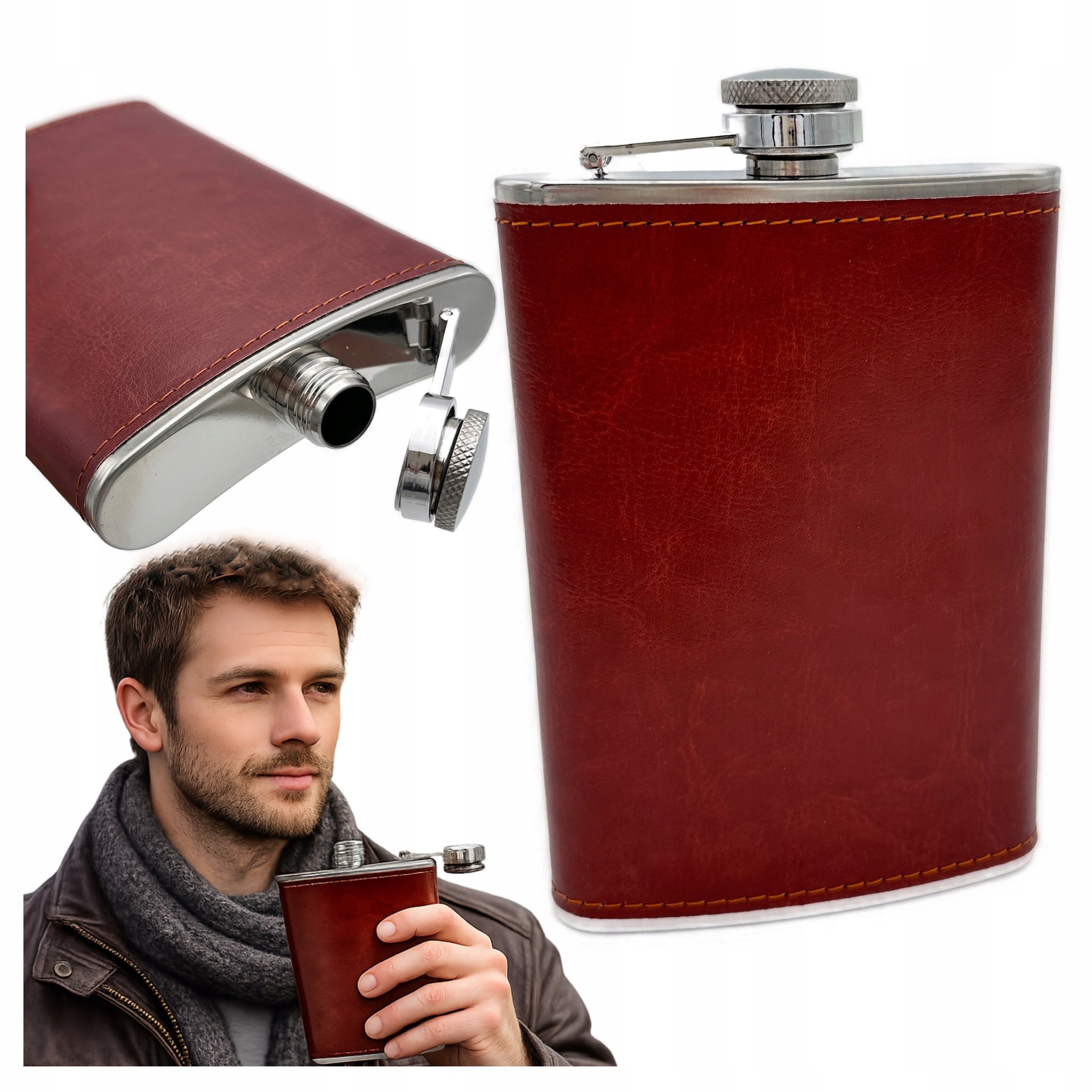 PIERSIÓWKA STALOWA 270 ML Z EKOSKÓRY NA PREZENT DLA MĘŻCZYZNY CHŁOPAKA